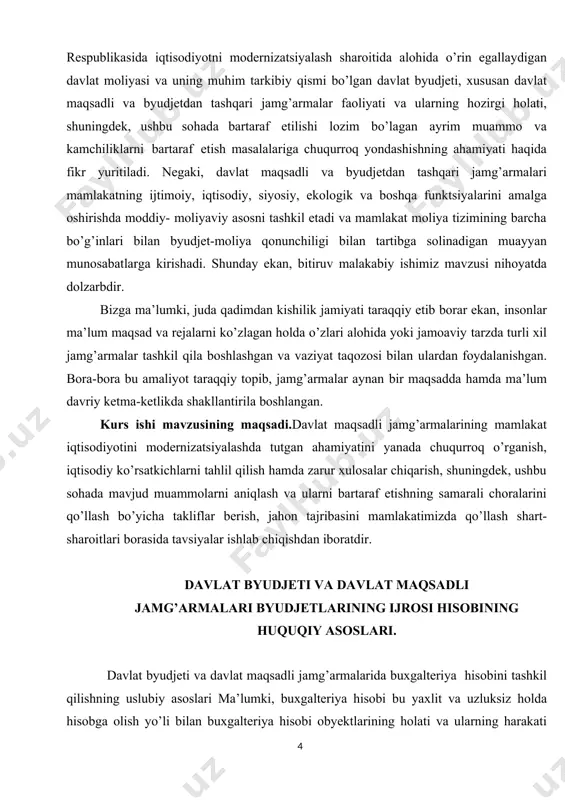 ’linmalari buxgalteriya hisobining subyektlari bo’lsa, asosiy va joriy aktivlar, majburiyatlar, xususiy kapital, zahiralar, daromadlar va xarajatlar, foyda, zararlar hamda ularning harakati bilan bog’liq xo’jalik operatsiyalari buxgalteriya hisobining obyektlaridir. byudjet tashkilotlarida buxgalteriya hisobi esa, umumiy holda buxgalteriya hisobini, shuningdek byudjet jarayonini bir qismini tashkil qilib, foydalanuvchilarni davlat byudjetining ijrosi to’g’risidagi zaruriy moliyaviy axborotlar bilan ta’minlaydi. amaldagi buxgalteriya hisobi bo’yicha qonunchilikka muvofiq o’zbekiston respublikasi davlat byudjetida turadigan tashkilotlarning buxgalteriya hisobi va hisobotlarini tartibga solish o’zbekiston respublikasi moliya vazirligi tomonidan amalga oshiriladi. bunda, o’zbekiston respublikasining vazirlik va idoralari zarur hollarda, o’zbekiston respublikasi moliya vazirligi bilan kelishgan holda, o’z tizimidagi tashkilotlarda faoliyat hususiyatlaridan kelib chiqqan holda buxgalteriya hisobi va hisobotlarining umumiy qoidalarini qo’llash tartibi to’g’risida belgilangan tartibda me’yoriy hujjatlar chiqarishlari mumkin. byudjet tashkilotlarida buxgalteriya hisobini yuritish va moliyaviy hisobotlarni tuzish “buxgalteriya hisobi to’g’risida”gi o’zbekiston respublikasining qonuni va boshqa bir qator qonunlar, o’zbekiston respublikasi hukumati hamda moliya vazirligining bir qancha me’yoriy-huquqiy hujjatlariga muvofiq olib boriladi. …