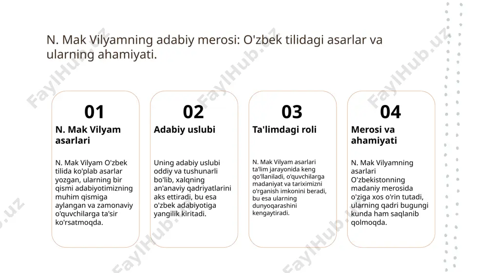 elementlar sifatida namoyon bo'ladi, bu esa o'quvchilarga keng dunyoqarash beradi. adabiyotdagi ta'lim vilyamning asarlarida ta'lim jarayonlari o'ziga xos tarzda aks etadi, bu esa o'quvchilarni muammolarni hal qilishga va ijodiy fikrlashga undaydi. madaniyatning ta'siri asarlaridagi madaniy elementlar, xalq an'analari va urf-odatlar, ta'lim dasturlarini boyitadi va o'quvchilarga o'z madaniyatini anglash imkonini beradi. innovatsion yondashuvlar n. mak vilyam, ta'limda innovatsion yondashuvlarni qo'llagan holda, madaniyat va ta'lim o'rtasidagi o'zaro aloqani kuchaytiradi va yangi g'oyalarni kiritadi. adabiyotdagi innovatsiyalar: n. mak vilyamning ta'limga ta'siri. adabiyotdagi o'zgarishlar ta'lim metodologiyasi madaniyat va adabiyot n. mak vilyamning asarlari adabiyotda yangi yondashuvlarni kiritdi, bu esa ta'lim jarayonlarida ijodiy fikrlashni rivojlantirishga yordam berdi. vilyamning innovatsion ta'lim metodlari, o'quvchilarni faol ishtirok etishga undab, ularning bilim olish jarayonini yanada samarali qilishga xizmat qiladi. n. mak vilyam asarlarida madaniyat va adabiyot o'rtasidagi aloqalar, o'quvchilarga ham tarix, ham zamonaviylikni tushunishga yordam beradi. n. mak vilyamning o'zbek madaniyatidagi o'rni va ahamiyati. 1 n. mak vilyamning o'rni …