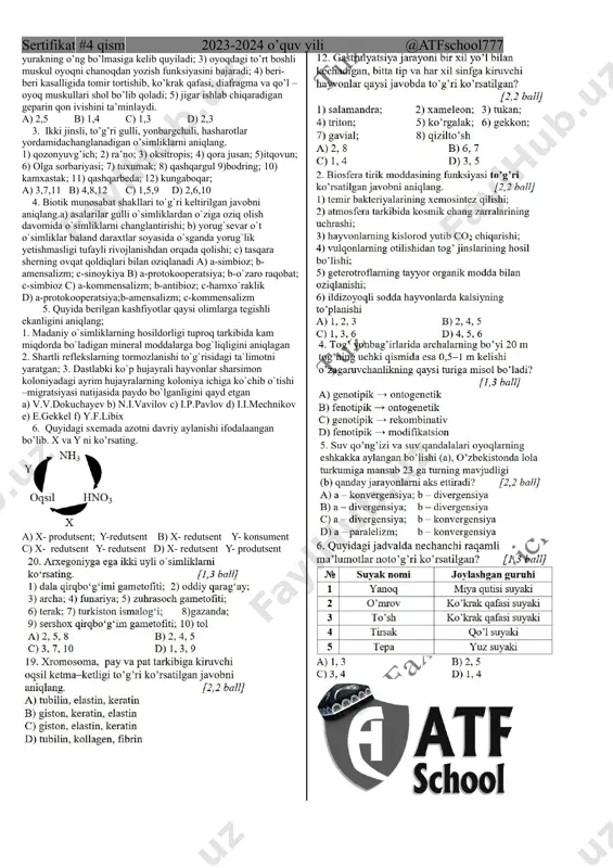 bet boyicha kasal erkak a va a allel genlar nisbati a) 2;0 b) 1;2 c) 2;1 d) 0;2 18. novvot rangli tetraploid navli g’o’zani anafaza bosqichidagi a va a allel genlar soni a) 2;1 b) 4;2 b) 4;4 d) 4;0\ 19. dnk zanjiridagi a soni umumiy nukleotidlarning x% ini tashkil etadi. shu dnk dan sintezlangan i-rnk ning uzunligi 25,5 nm ga teng bőlib, shu rnk asosida sintezlangan oqsildan x molekula suv hosil bőldi. dastlabki dnk zanjiridagi h bog'lanishlar sonini toping? a)201 b)186 c)189 d)174 20. ma'lum bir harakat davomida muskul hujayrasida har daqiqada 20 kj energiya ajralib chiqadi. shu harakat bajarilishi uchun glukoza 10 daqiqa chala, 70 daqiqa to'liq parchalangan bo'lsa, sarflangan glyukoza miqdorini aniqlang. a) 270 g b) 1270 g c) 300 g d) 800 g 21. etraploid qalampirning urug'lanish jarayonida nama'lum miqdordagi megasporatsitlar hisobiga hosil bo'lgan mikrosporalar va spermiylar soni ayirmasi 320 ga teng bo'lib, urug'lanishda spermiylarning noma'lum …