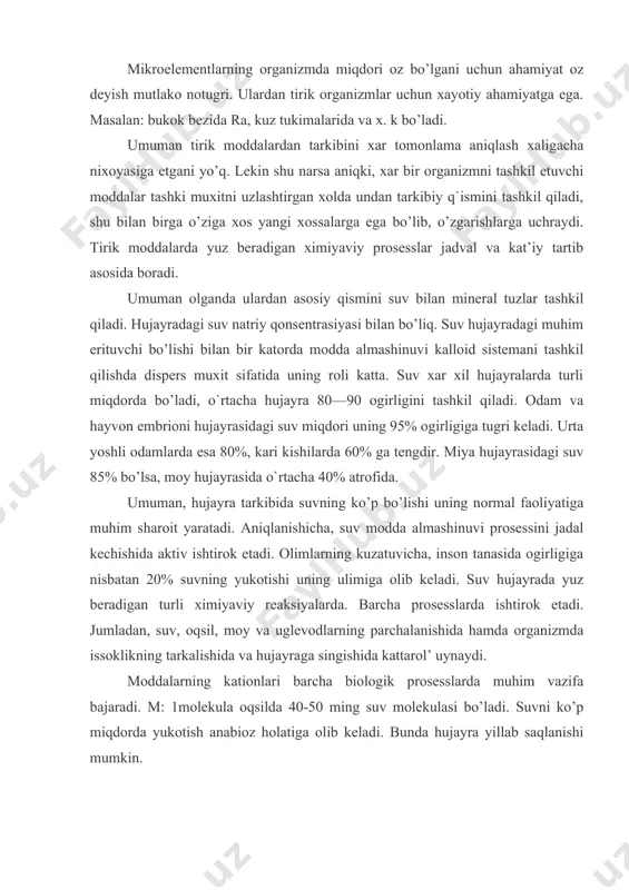 g parchalanishida hamda organizmda issoklikning tarkalishida va hujayraga singishida kattarol’ uynaydi. moddalarning kationlari barcha biologik prosesslarda muhim vazifa bajaradi. m: 1molekula oqsilda 40-50 ming suv molekulasi bo’ladi. suvni ko’p miqdorda yukotish anabioz holatiga olib keladi. bunda hujayra yillab saqlanishi mumkin. organik moddalar deyarli barcha tirik organizmlar asosini tashkil qiladi. ular, oqsil, uglevodlar, fermentlar, lipidlar, moylar, lipoidlar, nuklein kislotalar va x k bir qancha ko’rinishlarda uchraydi, asosiy ko’rilish materiallarini hosil qiladi. oqsil biosintezi mavzusida hosil bo’lish jarayonlarini batafsil gaplashamiz. umuman turlicha qonfigurasiya zanjirida juda murakkab lekula iplarining uzunasiga yunalganligi yoki uralma xolda bo’lishiga ko’ra tolasimon va glabo’lyar oqsillarga ajratiladi. tolasimon oqsillar bir-biri bilan kushilib malum darajada uyiriklashishi xususiyatiga ega. ular ko’prok sklet oqsillarida (skleroproteinlar ko’rinishida) uchraydi. globo’lyar oqsillar – moddalar almashinuvida aktiv hisoblanadi. chunki ularning yon guruxlari tula olish xususiyatiga ega. oqsillar asosan 2 xil guruxga: oddiy va murakkab oqsillarga bo’linadi. oddiy oqsillar asosan faqat aminokislotalardangina tashkil topgan bo’lsa (qolllagen, elastik, …