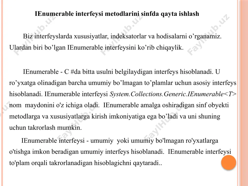or bu to’plam orqali takrorlash uchun ishlatiladi, ya’ni to’plam orqali takrorlanadigan hisoblagichni qaytaradi. hisoblagich- bu umumiy bo’lmagan ienumerator interfeysi yoki umumiy ienumerator interfeysini amalga oshiradigan obyekt.ienumerator interfeysi currect() xususiyatiga ega. current xususiyati - obyektni ko'rsatgich ko'rsatgan ketma-ketlikda qaytaradi. ienumerable interfeysi ienumerator tipidagi hisoblovchini yaratadi. 1-rasm. ienumerator interfeysining usullari hisoblagichlar to'plamdagi ma'lumotlarni o'qish uchun ishlatilishi mumkin, ammo ular yordamida asosiy to'plamni o'zgartirish mumkin emas. dastlab, sanoqchi to'plamdagi birinchi element oldida joylashgan bo’ladi. ushbu pozitsiyada joriy element aniqlanmaydi. sanoqchi qiymatini o'qimasdan oldin hisoblagichni to'plamning birinchi elementiga o'tkazish uchun movenextga murojaat qilish kerak. ienumerator interfeysi ikkita usulni talab qiladi: movenext() usuli- hisoblagichni ketma-ketlikning keyingi elementiga o’tkazadi, u sanab chiquvchi ketma-ketlik hali tugamagan bo’lsa true, agar ketma-ketlik to’plam ohiriga yetgan bo’lsa false qiymatni qabul qiladi. demak, movenext() usuli to'plam indeksini 1 ga oshiradigan va to'plam oxiriga yetganligini ko'rsatadigan mantiqiy qiymatni qaytaradigan usul hisoblanadi; reset() usuli – bu qayta o’rnatish degan ma’noni anglatadi.u hisoblagichning to’plamdagi …