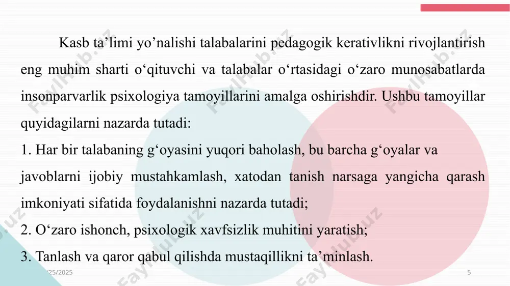 amaliy harakatlari mohiyatining o’rganilishidir o’zini o’zi tahlil qilish orqali pedagog o’zini o’zi ob’ektiv baholash imkoniyatiga ega bo’ladi. zero, pedagoglarning kasbiy kompetentlik sifatlariga ega bo’lishida ularning o’z-o’zini baholash malakalariga egaligi ham muhimdir. o’zini o’zi baholash (o’o’b) – shaxsning o’z-o’zini tahlil qilishi orqali o’ziga baho berishi. o’zini o’zi baholash sub’ekt uchun shaxsiy imkoniyatlarini hisob-kitob qilish, o’ziga ob’ektiv baho berish, o’zidan qoniqishni ta’minlaydi /docprops/thumbnail.jpeg
