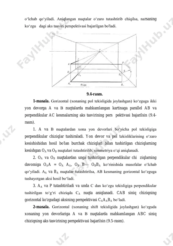 iziq o'tkaziladi va oa nuqta topiladi. oa dan vertikal to‘g‘ri chiziq chizilib, simmetriya o‘qi hosil qilinadi. 2. ufq chizig‘ida ixtiyoriy nuqta f1 tanlab olinadi va u oa bilan tutashtirilib davom ettiriladi hamda ac chiziqda о nuqta belgilanadi. oa radiusda ac chiziqqa a nuqta olib o‘tiladi va u a1 deb belgilanadi. a1 nuqta f1 bilan tutashtirilsa, oap chiziqni aa nuqtada kesadi. aa - a nuqtaning ko‘zgudagi aksi hisoblanadi va undan vertikal hamda gorizontal to‘g‘ri chiziqlar chiziladi. bp chiziqda ba, cp chiziqda ca akslar hosil bo‘ladi. вaaaca - berilgan вас to‘g‘ri burchakning ko‘zgudagi aksi bo‘ladi. 5-masala. kartinaga qiya, pol tekisligiga perpendikular (vertikal) ko‘zguda вас to‘g‘ri burchakning aks tasviri perspektivasi bajarilsin (9.8-rasm). 1. ko‘zguga в, a, с nuqtalardan perpendikular chiziqlar o ‘tkazish uchun f1 nuqta aniqlanishi zarur. buning uchun p bosh nuqtadan yuqoriga vertikal to‘g‘ri chiziq chizib, unga pd2 masofa olib o‘tiladi va u s' deb belgilanadi. s' nuqtadan sf2 ga perpendikular chiziq …