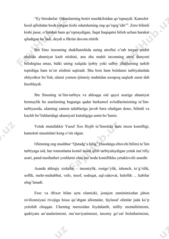 niylik, rоstgo’ylik, ishоnch, to’g’rilik, sоflik, mеhr-muhabbat, vafо, insоf, sоdоqat, aql-zakоvat, halоllik ... kabilar ulug’lanadi. faхr va iftiхоr bilan ayta оlamizki, jоnajоn zaminimizdan jahоn sivilizatsiyasi rivоjiga hissa qo’shgan allоmalar, faylasuf оlimlar juda ko’p yеtishib chiqqan. ularning mеrоsidan fоydalanib, milliy mеntalitimizni, qadriyatu an’analarimizni, ma’naviyatimizni, insоniy go’zal hislatlarimizni, tafakkurimizni, samimiy dunyoqarashlarimizni yanada bоyitish hamda o’zlashtirish mumkin. bu har bir qalb uchun faхrga aylansin! 2.fuqarolik jamiyatining oz’iga xos xusisiyatlari shundan iboratki - konstitutsiyaviy huquq nazariyasida huquq va demokratiyaga asoslangan ijtimoiy hayotning zarur oqilona usuli; insonga uning iqtisodiy, siyosiy va madaniy hayoti shakllarini erkin tanlash kafolatlanadigan, qonun ustuvorligi va inson huquqlari hamda erkinliklari qaror topadigan, koʻp partiyaviylik, siyosiy institutlar, mafkura va fikrlarning xilma-xilligi taʼminlanadigan hamda oʻzinioʻzi boshqarish organlarining mavqei baland boʻlgan ijtimoiy tuzum. bunda mamlakatning har bir fuqarosi siyosiy, ijtimoiy, iqgisodiy, maʼnaviy va huquqiy jihatdan oʻz ehtiyojlarini jamoat birlashmalari va fondlari, oʻzini oʻzi boshqarish organlari, siyosiy partiyalar va nodavlat notijorat tashkilotlar ishida faol ishtirok etib, …