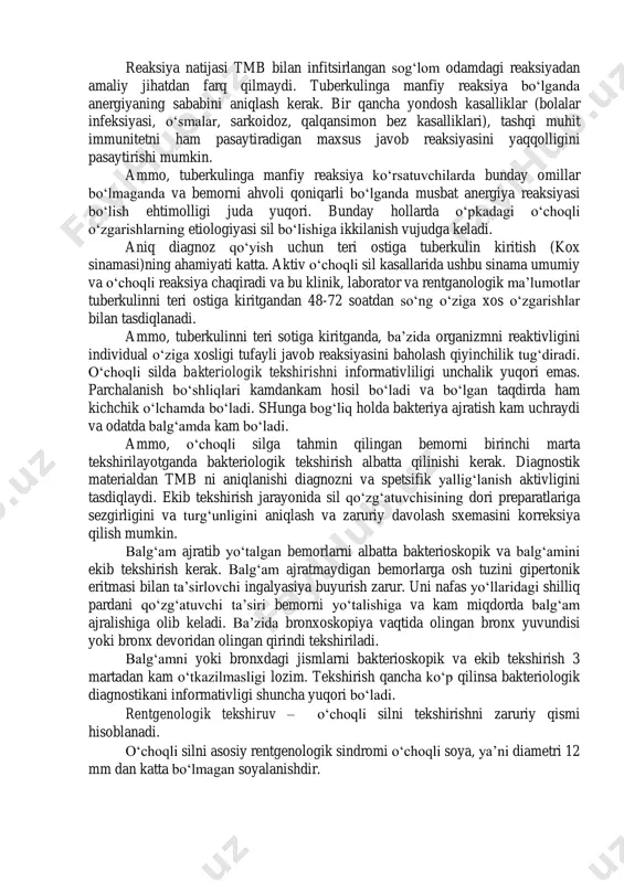 zgarishlarining so‘rilishi odatda perivaskulyar va peribronxial fibroz rivojlanishi bilan birga keladi. bunda emirilish maydoni, yallig‘lanish fokuslari va yangi tarqoq o‘choqlar o‘rnida sekin asta xaltalangan, zich, qisman fibrozlangan o‘choqlar hosil bo‘ladi. o‘pka silining har-xil shaklida qaytar rivojlanish jarayoni surunkali o‘choqli silga aylanishi mumkin. surunkali o‘choqli sil ko‘pincha yaxshi kechadi. o‘choqdagi aktiv sil yallig‘lanish belgilari asta-sekin yo‘qoladi, granulyasion to‘qima deyarli to‘liq fibrozga aylanib ketadi. bunday noaktiv zich fibroz o‘choqlar sildan davolangandan keyingi qoldiq o‘zgarishlar sifatida qaraladi. surunkali o‘choqli sil qaytalanganda o‘choqdagi kazeoz massalar erishga yo‘liqadi. bronxga kazeoz massalarni ajralib chiqish holatida parchalanish bo‘shlig‘i hosil bo‘ladi. tmb kazeoz massa bilan birga boshqa bronxlarga o‘tadi, kazeoz bronxit rivojlanadi va yangi o‘choqlar hosil bo‘ladi. bronxdagi yallig‘lanish jarayonga yaqin – atrofdagi limfa tomirlar ham tortiladi. tmb ning limfogen tarqalishi o‘pkada yangi o‘choqlar paydo bo‘lishiga olib keladi. qaytalangan o‘choq ta’sirida to‘qima atrofidagi yallig‘lanish o‘zgarishlarining o‘sishi pnevmonik fokus va o‘pka silining og‘ir yallig‘langan shaklini rivojlanishiga olib kelishi mumkin. …