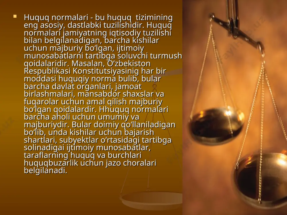 qoidalar yig`indisidir. huquq normalari tabiiy huquq va pozitiv xuquqlardan iborat. tabiiy huquq insonga tabiat tomonidan beriladi. masalan, insonning yashash erkinlik va shaxsiy daxilsizlik huquqlari. pozitiv huquq pozitiv huquq esa davlat tomonidan qabul qilinadi. huquq normasi bu alohida olingan turmush qoidasidir. masalan, o`zrsida huquqning asosini o`zrning konstitutsiyasi tashkil etadi. konstitutsiyaning har bir alohida olingan huquqiy normadir. normalarning belgilari quyidagilardan iborat: 1) normalari davlat tomonidan o`rnatiladi va barcha xalqlarning qonuniy irodasini ifodalaydi; 2) uning mazmuni jamiyatning iqtisodiy tuzilishi bilan belgilanadi; 3) ularning bajarilishi barcha kishilar uchun umummajburiydir; 4) davlatning zo`rlik kuchi bilan amalga oshiriladi; 5) kishilar o`rtasida turli ijtimoiy munosabatlarni tartibbga soladi; 6) fuqarolarga huquq va burch belgilaydi; huquqiy normaning tuzilishi 3— qismdan: gipoteza, dispozitsiya sanksiyadan iboratdir. gipoteza (grekcha-faraz qilishdir) huquqiy normaning birinchi qismi bo`lib, u qo`llaniladigan shart— sharoit vaqtni bildirad. gipotezaning ikki turi mavjud bo`lib, aniqlangan gipoteza va to`la aniqlanmagan gipotezadir. aniqlangan gipoteza — huquqiy normada ko`rsatilgan huquq va majburiyatlarning paydo …