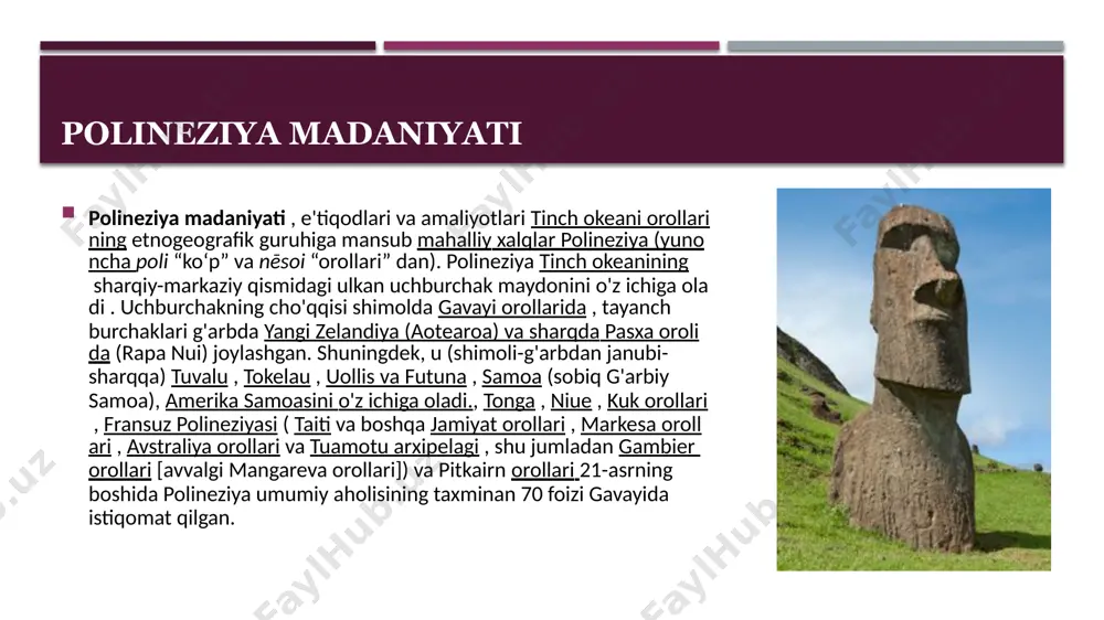 eksiya qildi, ammo mahalliy maorilar o'rtasida millatlararo keskinlik paydo bo'ldi . polineziyaning turli qismlariga da'vo qilgan boshqa mustamlakachi davlatlar qatoriga frantsiya , germaniya , yangi zelandiya, qo'shma shtatlar va chili kiradi . polineziya vaqt o'tishi bilan polineziya xalqlariga missionerlik ta'siri kuchaydi va nasroniylik oxir-oqibat orolliklar hayotining ajralmas qismiga aylandi. ko'pgina hududlarda nasroniylikka mahalliy urf-odatlar va urf-odatlar ham ta'sir ko'rsatdi. odatda qishloqlar kattaroq va puxtaroq cherkovlar qurish uchun raqobatlashardi va polineziyaga birinchi marta tashrif buyurganlar orolliklarning nasroniylikka sodiqligidan hayratda qolishadi. tinch okeanining boshqa qismlarini, xususan melaneziyani prozelitizatsiya qilish uchun ko'plab polineziyaliklar yollangan . polineziya madaniyati ikkinchi jahon urushidan keyin dekolonizatsiyaga bo'lgan mahalliy kayfiyatlar tarqala boshladi. samoa 1962 yilda yangi zelandiyadan suverenitetni qo'lga kiritgandan so'ng tinch okeanining birinchi postkolonial davlati bo'ldi. u parlament tizimiga ega , ammo faqat an'anaviy boshliqlar ( mataylar ) ovoz berishlari va saylanishlari mumkin. tuvalu ham parlament boshqaruv uslubiga amal qiladi. uchta orol guruhi - tonga, taiti va …
