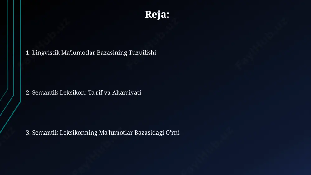 konning ahamiyati, lugʻatdagi 200 ga yaqin sinonimlar va antonimlar juftligini tahlil qilish orqali, soʻzlararo munosabatlarni aniqlash va lingvistik tadqiqotlar uchun muhim maʼlumotlar bazasini yaratishda namoyon boʻladi. kelajakdagi tendentsiyalar va rivojlanish imkoniyatlari ўзбекистоннинг ўзида 2025 йилгача тахминан 1 млн. дан ортиқ сўз ва ибораларни ўз ичига олган, замонавий технологиялар асосида яратилган миллий лингвистик база яратилиши, бунинг натижасида 50 дан ортиқ тилшунослик ва компьютер лингвистикаси йўналишларида илмий изланишларни ривожланиши кутилмоқда. яқин 5 йил ичида, жанубий корея ва хитой каби давлатларда чуқур ўрганиш усуллари орқали маъноли лексиконларни яратиш бўйича 5 тадан ортиқ йирик лойиҳалар амалга оширилиши кутилмоқда. бу лойиҳалар миллий тилларни рақамлаштиришга ҳисса қўшади. lingvistik ma'lumotlar bazasining arxitekturasi лингвистик маълумотлар базасининг архитектураси 20 дан ортиқ тил ва 5 миллиондан зиёд лексик бирликларни ўз ичига оладиган, тошкентдаги илмий марказда ишлаб чиқилган ягона платформа асосида қурилган. маълумотлар базасининг ядросини ташкил этувчи 3 та асосий модул – лексик, синтактик ва семантик модуллар, глобал тармоқ орқали 100 …