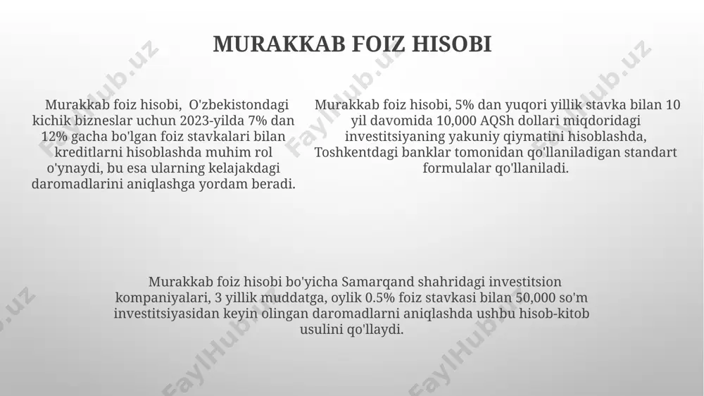 ri qo'llaniladi. pulning vaqt omili ta'siriga oid 10%lik foiz stavkasi bilan 10 yil ichida 1000 aqsh dollari miqdoridagi investitsiyaning 2593,74 aqsh dollarigacha o'sishi mumkinligini ko'rsatadi. toshkentdagi banklarda taklif etilayotgan depozitlar bo'yicha foiz stavkalari vaqt omili ta'siridan foydalanib, kelajakdagi daromadlarni aniqlashda muhim rol o'ynaydi. pulning vaqt qiymati tushunchasi toshkentdagi investor 5 yil ichida 20% daromad olishni kutmoqda bo'lsa, 1 million so'm investitsiyasi 2,488,320 so'mga yetishi mumkin, bu esa foizlarning ta'sirini va vaqt omilining ahamiyatini ko'rsatadi. pul mablag'larining vaqt qiymati tushunchasi, 10% lik foiz stavkasi bilan 10 yil ichida 1000 aqsh dollarining 1610,51 aqsh dollarigacha o'sishi mumkinligini ko'rsatadi, bu esa kelajakdagi daromadlarning bugungi kun qiymati bilan taqqoslanishini namoyish etadi. agar siz 2024 yilda 5000 evro miqdorida qarz olsangiz va yillik 8% foiz stavkasi bilan to'lashni rejalashtirsangiz, umumiy to'lov miqdori vaqt davomida ancha yuqori bo'ladi, bu esa kelajakdagi to'lovlarning hozirgi kun qiymati bilan bog'liq muammolarni ko'rsatadi. annuitetlar annuitetlar, masalan, 10 yil davomida har …