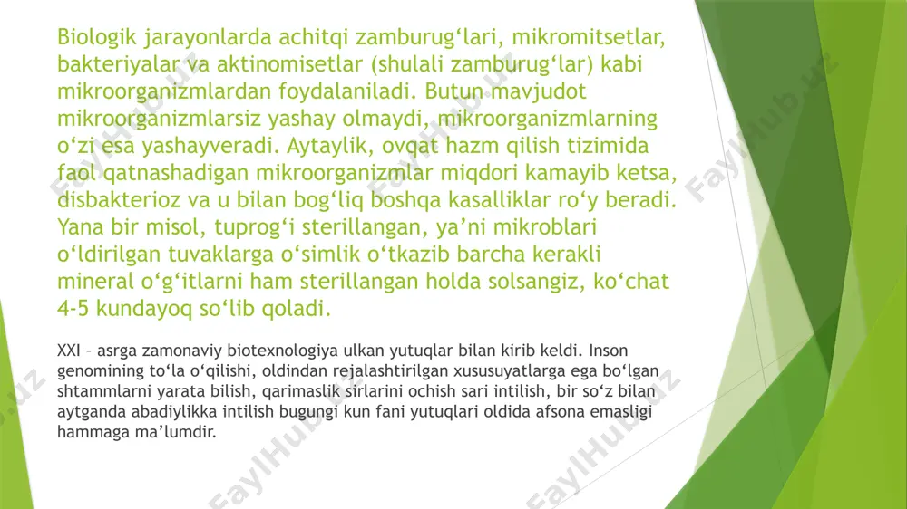 oorganizmlardan sut kislotasi, butanol va aseton olish texnologiyalarini birinchilardan bo‘lib, buyuk rus olimi v.n.shaposhnikov (1884-1968) va uning shogirdlari n.d.ierusalimskiy (1901-1967), m.n.baxtiyorova limon kislotasi olish texnologiyasini esa s.p.kosto‘cheva (1877- 1931) va i.s.butkevich (1872-1942) yaratganlar. mikrob biotexnologiyasining rivojlanish tarixi ko‘p ma’noda xx- asrning ikkinchi yarmi bilan bog‘liq. o‘tgan asrning 40- yillarida mikroorganizmlardan penisillin olish texnologiyasining yaratilishi bu fan rivojiga ijobiy burulish yasadi. penisillin ishlab chiqarilishining yo‘lga qo‘yilishi va muvaffaqiyat bilan ishlatilishida keyingi avlod antibiotiklarini qidirib topish, ularni ishlab chiqarish texnologiyalarini yaratish va qo‘llash usullari ustida ishlarni tashkil qilish zarurligini oldindan belgilab qo‘ydi. bugungi kunda yuzdan ortiqroq antibiotiklar ishlab-chiqarish texnologiyalari hayotga tadbiq qilingan. antibiotiklar ishlab-chiqarish bilan bir qatorda aminokislotalar, fermentlar, garmonlar va boshqa fiziologik faol birikmalar tayyorlash texnologiyalari ham yaratila boshlandi. bugungi kunda medisina va qishloq xo‘jaligi uchun zarur bo‘lgan aminokislotalar (ayniqsa organizmda sintez bo‘lmaydigan aminokislotalar), fermentlar va boshqa fiziologik faol moddalar ishlab chiqarish texnologiyalari yo‘lga qo‘yilgan. oxirgi 20-30 yilda, ayniqsa mikrob oqsilini …