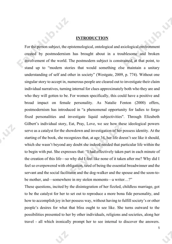 tation parts by her. judith butler’s hypothesis of performativity has been applied since of gilbert’s subversion of the control structure of sexual orientation and challenging her pre-defined sex roles and from there on building up the point of performativity by setting out on her journey towards self-discovery. main part 1. literature review in arrange to supply an understanding for the bigger chronicled and social settings in which eat, pray, love (gilbert, 2006) was made, i to begin with investigate the prevailing characteristics of postmodernism, and its impact on person subjectivity, which uncovers the external forces placed on ladies within the early 2000s when gilbert’s story takes put. another, i will appear how third wave women's activist thought more particularly shapes the person female subject as well as how she might explore a personality emergency. i at that point talk about later inquire about on the ways in which people can …