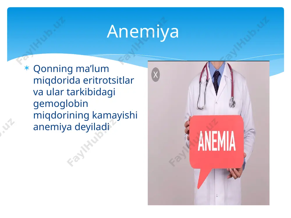 a 3-4 kundanso'ng qonda retikulotsitlar soni orta borib, ulaming ko'payish cho'qqisi haftaning oxirgi kunlariga to'g'ri keladi va bunda yadroli eritrotsitlar ham paydo bo'lishi mumkin. endi yosh eritrotsitlar hisobiga qonning rang ko'rsatkichi biroz kamayadi. suyak ko'migi qil tomirlarga nihoyatda boy to'qima bo'lib, ular sfmkterlar bilan ta’minlangandir. eritropoez ma’lum muddatda davom etib, eritrotsitlar voyaga yetguncha qiltomirlar sflnkteri berk bo'ladi. eritrotsidar yetilgan vaqtda sfinkterlar bo'shashib, hujayralar umumiy qon oqimiga o'tadi. regeneratsiya kuchayganda ko'mikda doim yosh hujayralar bo'lgani tufayli qil tomir sfmkterining bo'shashishi hujayralarning ham yetilmagan davriga to'g'ri kelib, hujayralar qonga o'tadi. demak, o'tkir postgemorragik anemiya giperregenerator anemiya hisoblanadi. bunda eritropoez bilan birga leykopoez ham kuchayadi (neytrofiliya). trombopoez ham kuchayishi mumkin. postgemmoragik anemiya temir yetishmovchiligi eng ko’p uchrovchi anemiya turi hisoblanadi sabablariga ko’ra 3 xil. 1. ekzogen temir yetishmovchiligi 2. endogen fe yetishmovchiligi gemoglobin miqdoriga ko’ra anemiya 3darajaga bo’linadi; 1. yengil daraja – 110-90 gr/l 2. o’rta daraja – 90-70 gr/l 3. og’ir daraja …