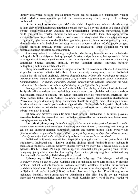 akllarini birlashtiruvchi oliy va universal tamoyil hisoblanadi. kassirer fikriga ko‘ra, qadimgi ajdodlarimiz ularning yashab qolishini ta'minlovchi yetarli tabiiy kuchga ega bo‘lmagan. inson o‘zining hayvonlar xulq-atvorini kuzatish va ularga taqlid qilish qobiliyati bilan yashab qolish imkoniyatini qo‘lga kiritgan. o‘z navbatida taqlidga asoslangan xulq-atvor ramziy belgilar, keyinchalik esa nutq vujudga kelishiga asos bo‘lgan. to‘plangan tajribani belgilar tizimida qayd etish va avloddan-avlodga o‘tkazish qobiliyatining shakllanishi hayvonlar to‘dasi kishilik hamjamiyatiga aylanishining muhim omili bo‘lgan deb taxmin qilish mumkin. bunday qobiliyatga hayvonlarning biron-bir turi ega emas. namoyish etish, o‘rnak ko‘rsatish, taqiqlar va cheklashlar tizimi muloqotning nafaqat noverbal, balki asta-sekin shakllangan verbal vositalarida ham o‘z ifodasini topgan. muloqot mehnat ko‘nikmalarini mustahkamlash, ovqat topish va unga ishlov berishni tartibga keltirish, o‘z jamoa harakatlarini muvofiqlashtirish imkonini bergan. etnografik ma'lumotlar tajribani avloddan-avlodga o‘tkazish va jamoa faoliyati ko‘nikmalarini shakllantirish shakli sifatida o‘yin ulkan ahamiyat kasb etganidan dalolat beradi. ma'lum taqiqlar orasida ovqatga doir xulq-atvor bilan bog‘liq taqiqlar, shuningdek seksual cheklashlar, …