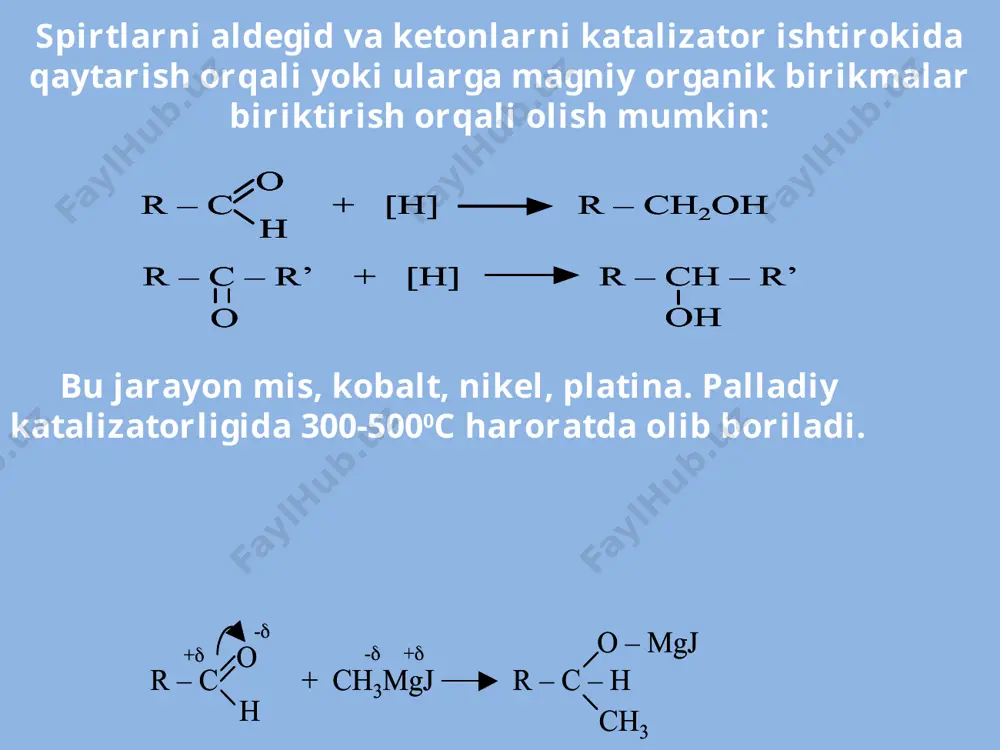 l bo’lishi mumkin. spirtlardagi gidroksil guruhining vodorodini aniqlashda chuguye-serevitsina-terentev usulida foydalaniladi. bunda spirtlarga magniy organik birikmalar ta’sir ettilganda –oh-guruh vodorodi magniy galogenga almashinadi va uglevodorod ajralib chiqadi: ikki atomli spirtlarning olinishi gilkollar olishning bir necha usullari ma’lum. shulardan ayrimlari bilan quyida tanishib chiqamiz. glikollarni uglevodordlarining vitsinal tuzilishga ega bo’lgan ikki galogenli hosilalarini yoki galoid gidrogenlarni gidrolizlab olish mumkin: etilen uglevodorodlarini vodorod peroiksidi yoki kaliy permanganat ishtirokida oksidlab glikollarni olish mumkin sanoatda gilkollar -oksidlar (epoksid birkmalarga) suv biriktirib olinadi: diollarning kimyoviy xossalari ular bir atomli spirtlarning barcha kimyoviy xossalarini takrorlaydilar. ular orasida boruvchi jarayonlar bosqichli boradi. glikollarning kislotali xossalari bir atomli spirtlarnikiga qaraganda yuqori. shuning uchun ular faqat ishqoriy metallar bilangina emas, balki ishqoriy yer metallarining gidroksid va oksidlari bilan ham glikolyatlarini hosil qiladilar: mineral va organik kislotalar bilan ular to’liq va to’liqmas efirlarni hosil qiladilar shuningdek spirtlar bilan ham to’liq va to’liqmas oddiy efirlarni hosil qilishlari mumkin etilsellyulozalar bo’yoqlar, tutamaydigan …