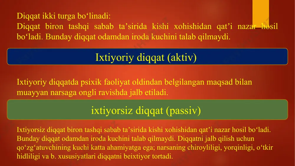 n sezgirlik o`zgarishiga adaptatsiya deyiladi. 2) analizatorlarning o`zaro munosabati va mashq qilish natijasida sezgirlikning kuchayishiga sensibilizatsiya deyiladi a) negativ adaptatsiya; b) pozitiv adaptatsiya. 1) sensibilizitsiyada esa faqat oshadi. 2) sensibilizatsiyada psixologik, fiziologik holatlarga bog`liq bo`ladi. idrok — tirik organizmning maʼlumotlarni qabul qilib, qayta ishlash jarayoni; organizmga obyektiv reallikni aks ettirish va tashqi olamdagi yangidan-yangi vaziyatlarni baholab, shunga yarasha harakat qilish imkonini beradi. idrok ongning , miyaning ijodiy jarayonidir. image6.jpeg image7.jpeg image8.jpeg image9.jpeg image2.png image3.png image4.png image5.png /docprops/thumbnail.jpeg