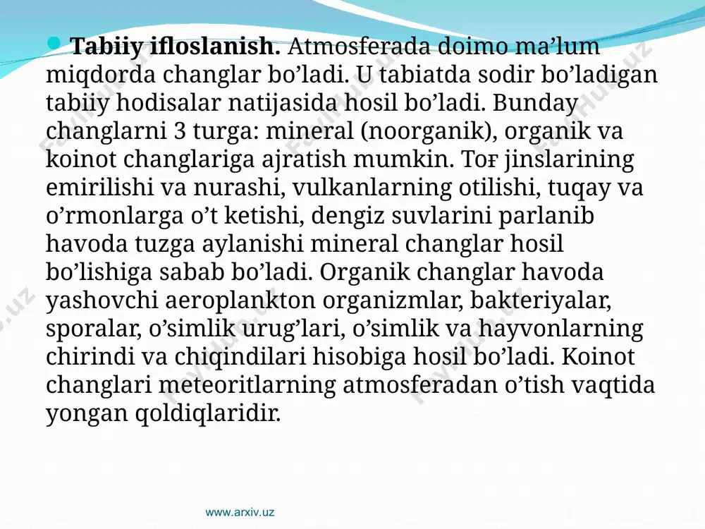 q holda ishlasada, ulardan chiqqan za­rarli gazlar tezlik bilan havoga tarqaladi. shuning uchun ulardan foydalanilganda yonilg’i ta’minoti va yonish tizimlarini sozlab, to’g’ri ekspluatasiya qilish lozim. ko’plab benzin va kerosinlar ularni saqlash, avtomashinalardan traktor va kombaynlarga qo’yish vaqtida bug’lanadi. www.arxiv.uz www.arxiv.uz www.arxiv.uz www.arxiv.uz foydalanilgan adabiyotlar i.a.karimov. tarixiy xotirasiz kelajak yo’q. t., “sharq”, 1998. i.a.karimov. o’zbekiston buyuk kelajak sari. t., “o’zbekiston”, 1998. i.a.karimov. o’zbekiston xxi asrga intilmoqda. t., “o’zbekiston”, 1999. jabborov n. kimyo va atrof muhit. t., “o’qituvchi”1992. barotov p. tabiatni muhofaza qilish. t., “o’qituvchi”1991. shodimetov yu. ijtimoiy ekologiyaga kirish. i, ii qism, t., “o’qituvchi”1994. otaboyev sh. nabiyev m. inson va biosfera. t., “o’qituvchi www.arxiv.uz www.arxiv.uz