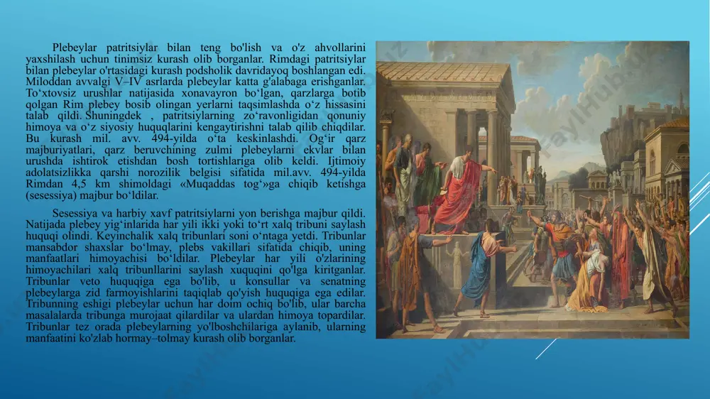 kst lateran 3 ta muhim qonunning qabul qilinishiga erishdi. birinchi qonun: qarz foizlarini tartibga soldi. ikkinchi qonun barcha rim fuqarolari – patritsiylar va plebeylarga jamoa yerlaridan foydalanishning teng huquqini berdi. uchinchi qonunga ko‘ra, konsullik lavozimini plebeylar ham egallashi mumkin edi. keyinchalik ikki konsuldan biri plebeylardan saylanishi odat tusiga kirdi. bir vaqtning o‘zida konsullardan sud ishlari yangi mansabdor shaxs – pretorlarga olib berildi. pretorlar konsullar kabi senturiy komisiyalarida saylanar edi. mil.avv. 356-yil ilk bor plebeylardan diktator saylandi. besh yildan so‘ng birinchi plebey senzor, mil.avv. 332-yildan senzorlardan biri muntazam plebey vakillaridan saylanadigan bo‘ldi. shundan yana o‘ttiz yil o‘tgach, plebeylardan rimning oliy kohini – pontifik saylanadigan bo‘ldi. miloddan avvalgi 326 yilda plebeylar yana bir yangi qonun qabul ilganlar. qonunga ko'ra “qarz uchun qarzdorning tan-joni emas, mol-mulki javobgar bo'lishi kerak”,- deyilgan. qarz uchun rim fuqarosini qul qilib sotish qonunda man qilingan. plebeylarning patritsiylarga qarshi to‘laqonli teng huquq uchun so‘nggi kurashi mil.avv. 287-yilgi gortenziy qonunining …