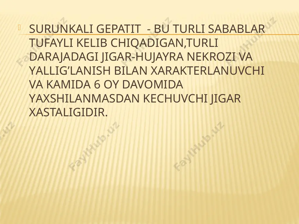 stsit, ensefalopatiya surunkali gepatitning «reaktiv turida» oqsil, vitamin yetishmovchiligi va disproteinemiya natijasida jigarda oraliq modda almashinuvi buziladi.xolestatik gepatit patogenezi asosida birlamchi o’t ajralishining tutilishi, o’t dimlanishi yotadi etiologiyasi bo’yicha *viruslar a, b, c, d, ye *alkogol' *toksik moddalar *ovqat hazm qilish organlari kasalliklari *turli dorilar– tuberkulezga qarshi preparatlar, antibiotiklarni uzoq qo’llaganda persistirlovchi gepatit-minimal faollikdagi gepatit faol gepatit autoimmun (lyupoid) gepatit xolestatik gepatit qo’zish remissiya anamnezi klinik ko’rinishi laborator-instrumental tekshiruvlar (echtning oshishi, leyko- va trombotsitopeniya, gipergammaglobulinemiya, alt va astning, bilirubinning oshishi, disproteinemiya) jigar bioptatini gistologik tekshirish natijalari o’tkir gepatit birlamchi biliar sirroz uilson-konovalov kasalligi birlamchi sklerozlovchi xolangit qo’zish davrida gospitalizatsiya qilish 5-dieta stoli – qovurilgan, o’tkir oziqlarni kiritmaslik spazmalitiklar – noshpa, platifillin gepatoprotektorlar – essensiale, karsil, vitaminlar profilaktikasi - virusli o’tkir gepatitning oldini olish, alkogol iste'moliga chek qo’yish, o’tkir gepatitni sifatli davolash, turmushda va ishlab chiqarishda zaharlanishga barham berish. oqibati - kasallikning bosqichiga, protsess faolligining gistologik belgilariga, nekrozning tipiga bog’liq. butunlay …