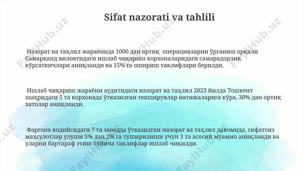 б, ҳар бир босқичда 10 дан ортиқ параметр баҳоланди. натижада, фарғона вилоятидаги ишлаб чиқариш корхоналарининг самарадорлигини ошириш бўйича 2 та асосий тавсия берилди. самарадорликни баҳолашда 2023 йилда тошкент шаҳридаги 5 та корхонада ўтказилган аудитлар натижасида ишлаб чиқариш жараёнларидаги йўқотишлар 15% гача камайганлиги аниқланди. самарадорликни баҳолаш учун ишлатилган методология 3 та асосий кўрсаткични ўз ичига олади: меҳнат унумдорлиги, ресурслардан фойдаланиш самарадорлиги ва маҳсулот сифати. бу кўрсаткичлар андижон вилоятидаги корхоналарда таҳлил қилинган. e'tiboringiz uchun rahmat @taqdimot_robot image1.png