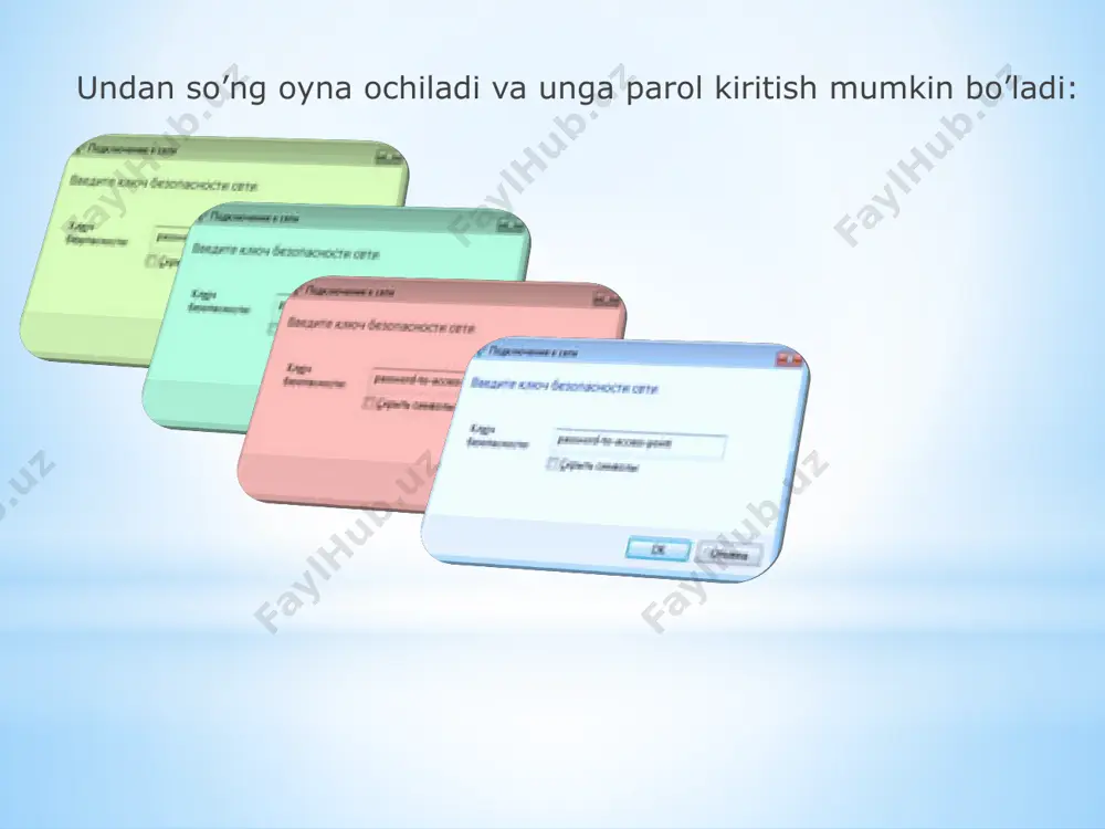 bo’lsa, bunday hollarda u aniqlanmagan qurilmalar ro’yhatidan o’rin olgan bo’ladi. 5. adapter bor ammo, u dasturiy o’chirilgan. agar wifi ishlamasa simlarsiz tarmoqqa ulanish sizning kompyuteringizda bo’lmasa, unda keying yo’lga o’tamiz: cc agar simlarsiz tarmoqqa ulanish bor bo’lsa, u tarmoq ro’yhatida bo’lishi mumkin ammo, kerakli tarmoqqa kiritilmagan bo’lishi mumkin, unday hollarda sabab quyidagicha bo’lishi mumkin: siz noto’g’ri parol kiritdingiz. u ayniqsa windows xp larda dolzarb bo’lib, ularda belgilarni ko’rib bo’lmaydi. agar kiritish nuqtasi ulangan bo’lsa, agar internet ishlamayotgan bo’lsa, unday holda sabab quyidagicha bo’lishi mumkin: wifi routeri di. e’tiboingiz uchun rahmat! hurmat ila; jo’rayeva dilfuza image1.jpeg image2.jpeg image3.png image4.jpeg image5.jpeg image6.jpeg image7.jpeg image8.jpeg image9.jpeg image10.jpeg image11.jpeg image12.jpeg image13.jpeg image14.jpeg image15.jpeg image16.jpeg image17.jpeg image18.png /docprops/thumbnail.jpeg