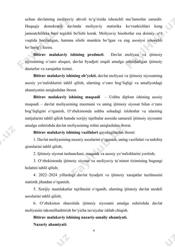 siyosatni shakllantirishda muhim metodologik asos bo‘lib xizmat qiladi. amaliy ahamiyati: tadqiqot natijalari asosida o‘zbekiston sharoitida ijtimoiy siyosatni moliyaviy qo‘llab-quvvatlashni yanada takomillashtirish, budjet mablag‘laridan foydalanishda samaradorlikni oshirish, hamda xorijiy tajribalarni lokal sharoitga moslashtirish bo‘yicha aniq tavsiyalar ishlab chiqiladi. ushbu natijalar amaliyotchi iqtisodchilar, davlat moliyasi sohasida ishlovchi mutaxassislar, hamda korxona darajasidagi ijtimoiy loyihalarni moliyalashtirishni o‘rganayotganlar uchun foydali bo‘ladi. bitiruv malakaviy ishining tarkibi va xajmi. bitiruv malakaviy ishi kirish, 3 ta bob, xulosa hamda foydalanilgan adabiyotlar ruyxatidan iborat. i bob. davlat moliyasining nazariy asoslari 1.1. davlat moliyasining mohiyati, vazifalari va tarkibiy qismlari moliyaviy nazorat iqtisodiy kategoriya sifatida moliyaga ob'ektiv xos bo'lgan nazorat xususiyatining amalda namoyon bo'lishidir. odatda, moliyaviy nazorat quyidagi ikki yo'nalishda qaraladi: • barcha iqtisodiy sub'ektlarning moliyaviy qonunchilik va moliyaviy intizomga rioya qilishi ustidan maxsus tashkil etilgan nazorat organlarining qat'iy tartibga solingan faoliyati; • moliyaviy operatsiyalarning samaradorligini va maqsadga muvofiqligini ta'minlash maqsadida makro- va mikrodarajada moliya hamda pul oqimlarini boshqarishning ajralmas qismi. …