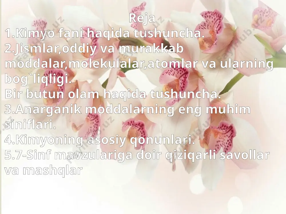 moddalar juda ko`p bo`lsada ular har biri bir-biridan ajralib turuvchi xossaga ega. moddalarning xossalari degani nima degani? rang,hid,zichlik,ta`m,qattiq,suyuq,gaz holati-moddalarning xossalaridir. demak moddalarni bilish uchun biz moddalarning rangi,hidi, zichlik,ta`m,qattiq,suyuq,gaz holatiga etibor berishimiz kerak.  moddalarning xossalarini ajratishni o`rganish.   moddalarning agregat holatlari nima? qattiq,suyuq,gaz holati moddalarning agrigat holatidir.  yod zarrachalarining sovuq yuzada to`planib, yod moddasini hosil qilishi.  hodisalarni ikkiga bolib o`rganamiz 1-fizik hodisalar. 2-kimyoviy hodisalar.  fizik hodisa nima?  kimyoviy hodisa nima?  atrofimizda ro`y berayotgan o`zgarishlarni kuzatishda bizning tushunchalarimiz tabiatni bilish vamodda tarkibini tasavvur qila olishimizga bog`liq,muzning erishi,yog`ochning yonishi kabi hodisalarni tushuntira olish uchun biz ularning nimadan tashkil topganligini bilishimiz zarur.atrofimizdagi moddalarni ikkiga bo`lib o`rganamiz. sof modda aralshma  sof modda nima?  aralshma nima?   moddalarni hosil qilgan elementlar saniga va turiga qarab 2-ga bolib o`rganiladi oddiy moddalar murakkab moddalar 1 2  oddiy modda nima? h2 vodorod o2 kislorod s oltingugurt fe temir …