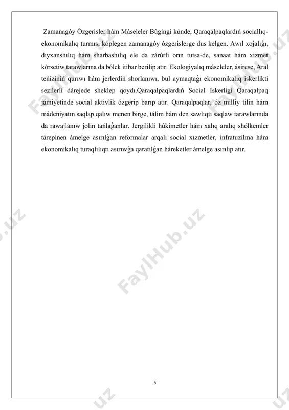 uw dáreklerinen nátiyjeli paydalanıp, dıyxanshılıq hám suwǵarıw jumısların rawajlantırǵanlar. bul aymaqta asalchilik, paxta jetistiriw, dán eginleri (biyday, arpa ), palız eginleriler hám mevali terekler egiw keń tarqalǵan.eger qaraqalpaqlar ózleriniń turmıs ádetlerin kóship kelgen dáwirde tekǵana ózleri ushın, bálki basqa etnik toparlar menen de óz-ara sawda hám baylanıslar arqalı ekonomikalıq turmısların rawajlantırǵan bolsa, bul aymaq ekonomikalıq orayǵa aynalǵan. atap aytqanda, qaraqalpaqlar bir qansha awıl xojalıǵı ónimlerin islep shıǵarıw hám sawda etiw menen shuǵıllanıwǵan.qaraqalpaqlar hám basqa etnik toparlar arasındaǵı qatnaslar jańadaryo boyında, atap aytqanda, qaraqalpaqlar hám basqa turkiy hám ózbek xalıqları arasında social hám ekonomikalıq baylanıslar júdá kúshli bolǵan. ózbek hám basqa qońsılas xalıqlar menen turaqlı sawda-satıq hám óz-ara tásirinlerdiń bar ekenligi olardıń mádeniyatı hám dástúrlerinege de tásir kórsetken. qaraqalpaq xalqiniń ayriqsha tilleri hám dástúriy qádiriyatları ámeldegi bolsa -de, olar basqa xalıqlar menen óz-ara baylanıslar arqalı óz mádeniyatların boyitganlar. sonıń menen birge, diniy tárepten qaraqalpaqlar musulman bolıp, islam dini aymaqtaǵı tiykarǵı ıqtıqatqa …