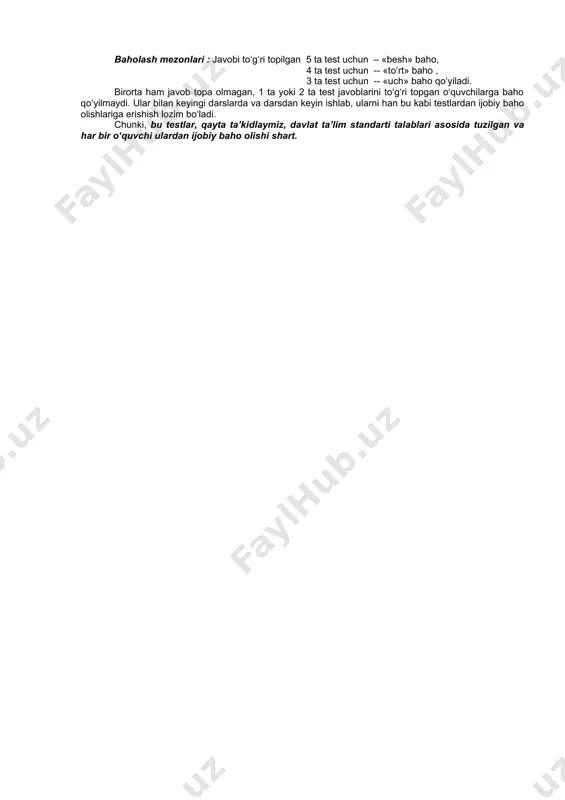 javob varaqalari yig‘ib olinadi va oldindan tayyorlab qo‘yilgan baholash shabloni bilan tekshiriladi. baholash shabloni baholash varaqasining o‘zidan iborat bo‘lib, faqat uning to‘g‘ri javob kataklari hamda to‘g‘ri javob soni va baho qo‘yiladigan kataklar qiyib o‘yib qo‘yilgan bo‘ladi.(o‘yilgan kataklar pastdagi rasmda shartli ravishda bo‘yab ko‘rsatilgan) shablon baholash varaqasi ustiga qo‘yiladi. shunda o‘yilgan kataklardan nechta bo‘yalgan javob ko‘rinsa, shuncha javob to‘g‘ri bo‘ladi. baholash shabloni o‘qituvchi isihini osonlashtirib, tezda bo‘yalgan kataklarni sanab, natijani «to‘g‘ri javoblar soni» katagiga yozib, unga mos bahoni «baho» katagiga qo‘yish imkoniyatini beradi. 5-sinf o‘quvchisi ____________________________________ ning 1-test sinovi bo‘yicha javob varaqasi test nomeri javob variantlari (to‘q‘risini bo‘yang) 1 a d e 2 a b e 3 b d e 4 a d e 5 a b d to‘g‘ri javoblat soni: _____ta. baho: _____ baholash mezonlari : javobi to‘g‘ri topilgan 5 ta test uchun – «besh» baho, 4 ta test uchun -- «to‘rt» baho , 3 ta test uchun -- «uch» …