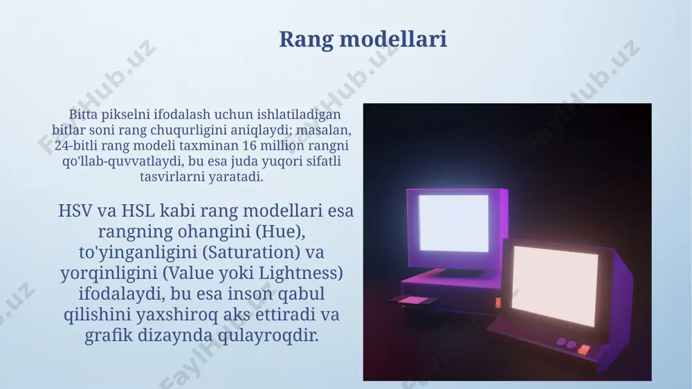 asi dasturlari blender kabi ochiq manbali 3d modellashtirish dasturlari murakkab 3d sahnalarni yaratish, polygonal modellashtirish, tekstura qo'shish va real vaqtda renderlash kabi imkoniyatlarni taqdim etadi. kompyuter grafikasi dasturlari 2d va 3d modellashtirish, animatsiya va vizuallashtirish kabi vazifalarni bajarish uchun 100 dan ortiq turli xil vositalarni o'z ichiga oladi, ularning har biri o'ziga xos xususiyatlarga ega. rasm formatlari 24 bitli rangli chuqurlikka ega bo'lgan raster tasvirlar 16,7 million turli xil ranglarni ko'rsata oladi, bu esa realistik va murakkab tasvirlarni yaratish imkonini beradi. 8 bitli tasvirlar esa faqat 256 ta rangni qo'llab-quvvatlaydi. raster grafikalarni kattalashtirish, asl piksellarni ko'paytirish orqali amalga oshiriladi va bu esa tasvir sifatining pasayishiga olib keladi. vektor grafikalar esa, kattalashtirilganda sifatini yo'qotmaydi, chunki ular matematik tenglamalarga asoslangan. kompyuter grafikasining qo'llanilishi tibbiyotda kompyuter grafikasi 2d va 3d tasvirlarni qayta ishlash, diagnostika va jarrohlik operatsiyalarini rejalashtirish kabi muhim vazifalarni bajaradi, bu bemorlarning sog'lig'ini yaxshilashga yordam beradi. reklama va marketing sohasida kompyuter …