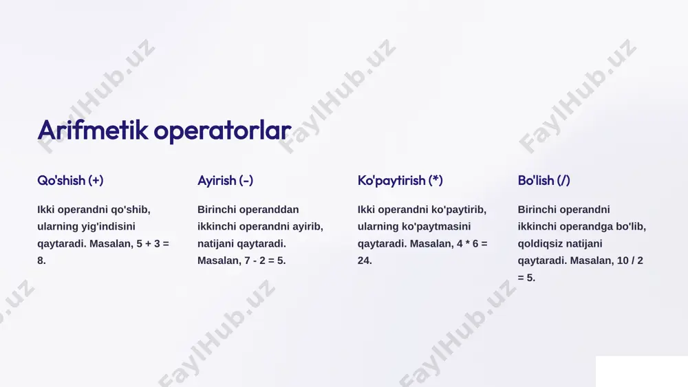 ks holda "0" bo'ladi. 2 bitli yo'ki (|) ikki operandning mos bitlarini yo'ki operatsiyasi yordamida birlashtiradi. kamida bitta bit "1" bo'lsa, natija "1" bo'ladi, aks holda "0" bo'ladi. 3 bitli xor (^) ikki operandning mos bitlarini xor operatsiyasi yordamida birlashtiradi. bitlar bir-biridan farq qilsa, natija "1" bo'ladi, aks holda "0" bo'ladi. 4 bitni chapga siljitish ( >) birinchi operandning bitlarini o'ngga ma'lum miqdorda siljitadi. bu operandning qiymatini 2 ning siljish miqdoriga teng marta kamaytirishga teng. tayyor bo'lish operatorlari o'lcham operatori (sizeof) o'zgaruvchining yoki ma'lumot turining o'lchamini baytlar miqdorida qaytaradi. manzil operatori (&) o'zgaruvchining xotirada joylashgan manzilini qaytaradi. qiymat operatori (*) ko'rsatgich o'zgaruvchisi tomonidan ko'rsatilgan manzilga joylashgan qiymatni qaytaradi. murojaat operatorlari 1 funktsiya chaqirish operatori () funktsiyani chaqirish va natijani olish uchun ishlatiladi. 2 indeks operatori [] massivning elementlariga murojaat qilish uchun ishlatiladi. 3 chiqish operatori ( >) klaviaturadan (stdin) ma'lumotlarni olish uchun ishlatiladi. operatorlar orasidagi ustuvorlik 1 ustuvorlik darajasi operatorlar …