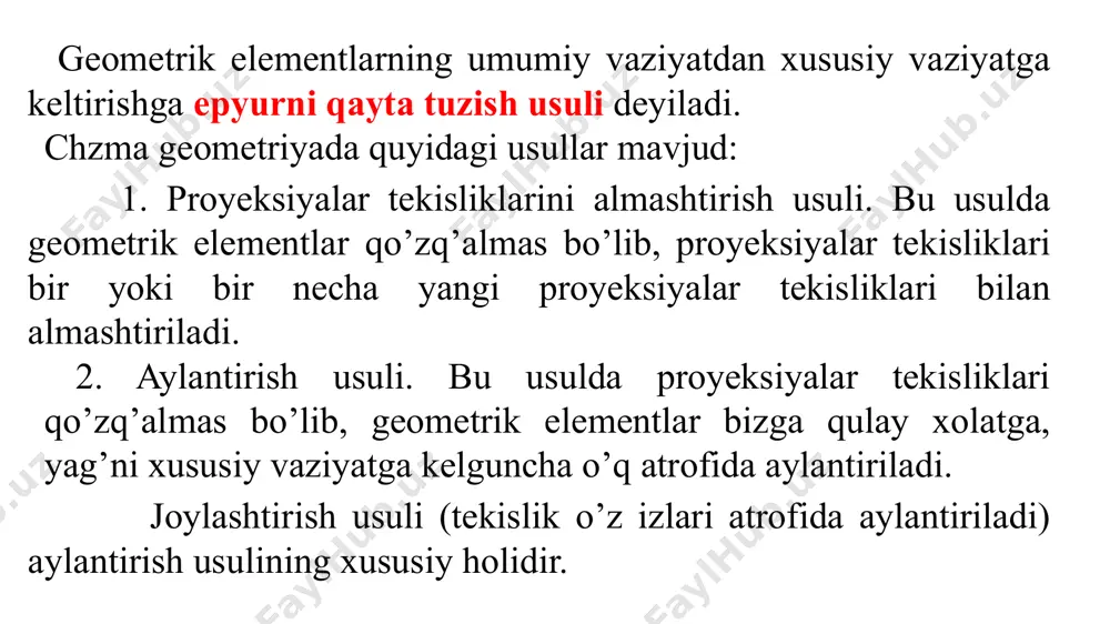 , ax1] = [a, ax] misol: |ab| kesmaning xaqiqiy kattaligi topilsin (95 – chizma). berilgan: [ab] topish kerak: |ab| x1 h v1 x h a’ a a’1 95–chizma b b’1 b’ v misol quyidagi algoritm asosida yechiladi. 1) v  v1 , x1 || [ a b ] 2) [ a1 b1 ] = [ab] , [a1b1] || v1 ,   = [ab] ^ h misol: berilgan [ab] to’q’ri chiziq frontal proyeksiyalar tekisligi v ga proyeksiyalovchi xolatga keltirilsin (96 - chizma). berilgan: [ab] topish kerak: [a1b1]  v1 x2 h v x a b b’1 x1 h1 v h1 v1 a’ b’ b1 a’1 a1 96 – chizma. misol quyidagi algoritm asosida yechiladi. 1) h  h1 , x1 || [ a b ] , [a1b1] || h1 2) v  v1 , x2  [ a1 b1 ] , [a1b1]  v1 5 – epyurni berishdan avval xususiy …