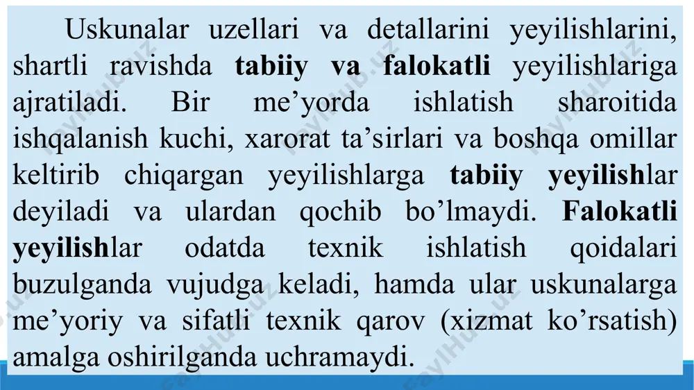 rtishi; - oqimning ifloslanganligi va gaz aralashganligi va h.k. kavitasiyaning hosil bo’lishiga bog’liq omillarning xilma - xilligi bu masalani nazariy yo’l bilan yechishni ancha murakkablashtiradi. olib borilgan tadqiqotlar shuni ko’rsatdiki, nasosning turli ish tartiblarida detallarning kavitatsion yemirilish jarayoni uning ish ko’rsatkichlari va oqimning gidrodinamik xarakteristikasi bilan o’zaro murakkab bog’lanishga ega bo’ladi. suyuqlik oqimi tarkibidagi qattiq zarralar ta’sirida nasos detallarining gidroabraziv yeyilishi detalining materiali mexanik xususiyatiga, abraziv zarrachalarining mexanik xossalariga va geometrik shakliga, hamda suyuqlikning fizik - kimyoviy xususiyatlariga bog’liq bo’ladi. gidroabraziv yeyilish mexanizmi kavitatsion yeyilishga nisbatan oddiyroq, chunki birinchidan yeyiladigan yuzaga aniq miqdordagi energiya bilan zarb berish qobilyatiga ega bo’lgan qattiq jism ta’sir qiladi. ikkinchidan, oqimni gidrodinamik ko’rsatkichlari va suyuqlikni fizik xususiyati o’zgarishi qattiq zarrachani o’lchami, soni, shakli, qattiqligi va tuzilishiga ta’sir etmaydi. shuning uchun gidroabraziv yeyilishni o’rganish bo’yicha kavitatsion yemirilishga nisbatan ko’p va aniq ma’lumotlar olingan, lekin bu sohada ham yechilmagan masalalar bor. gidroabraziv yeyilishning mohiyati bo’yicha turlicha fikrlar …
