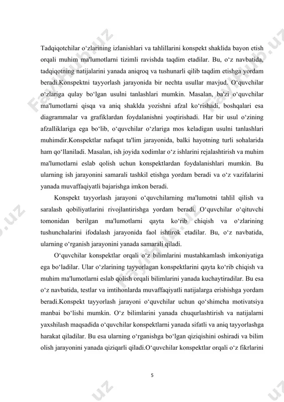 m ta'sir ko‘rsatadi.konspekt tayyorlash jarayoni o‘quvchilarning ijodiy fikrlash qobiliyatini rivojlantirishga ham xizmat qiladi. o‘quvchilar o‘z konspektlarini tayyorlashda yangi g‘oyalarni izlash, ularni izchil bayon etish va muhim jihatlarni ajratish orqali ijodiy yondashuvni rivojlantiradilar. bu esa ularning umumiy fikrlash qobiliyatini oshiradi va kelajakdagi muammolarni hal qilishda yordam beradi.shuningdek, konspektlar o‘qituvchilar uchun ham muhim vosita hisoblanadi. o‘qituvchilar o‘z darslarini rejalashtirishda, darslarni o‘tish jarayonida va o‘quvchilarni baholashda konspektlardan foydalanadilar. bu ularga o‘quvchilar bilan samimiy va samarali muloqot o‘rnatishga yordam beradi.konspekt tayyorlash jarayoni o‘quvchilarning o‘z-o‘zini boshqarish qobiliyatini rivojlantirishga ham xizmat qiladi. o‘quvchilar ma'lumotlarni tahlil qilish, ularni saralash va aniq shaklda yozish orqali o‘z vaqtlarini samarali boshqarishni o‘rganadilar. bu esa ularning o‘rganish jarayonini yanada samarali qiladi.umuman olganda, konspekt tushunchasi va uning ahamiyati ta'lim jarayonida muhim rol o‘ynaydi. u o‘quvchilarning bilimlarini mustahkamlash, ularning tafakkurini rivojlantirish va ta'lim jarayonini samarali tashkil etishga yordam beradi. konspektlar nafaqat ta'limda, balki hayotning turli sohalarida ham qo‘llanilishi mumkin, bu esa ularning amaliy …