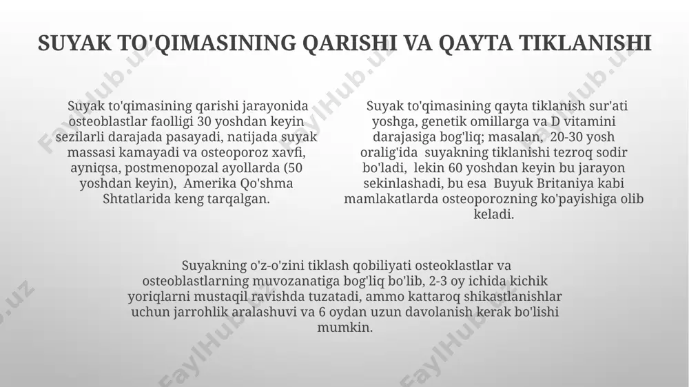 10 mm gacha uzunlikdagi silindrsimon tuzilmalar bo'lib, markazida qon tomirlari va nervlar joylashgan. suyak to'qimasining rivojlanishi (osteogenez) suyak to'qimasining rivojlanishiga genetik faktorlar, masalan, 21-xromosomaning mutatsiyalari, va vitamin d yetishmasligi kabi atrof-muhit omillari, ayniqsa, rivojlanishning dastlabki bosqichlarida, masalan, tug'ilishdan keyingi birinchi yilda, sezilarli ta'sir ko'rsatadi. endoxondral suyaklanishda, uzun suyaklarning rivojlanishida, xaftaga o'xshash predushak modeli 12 haftadan so'ng paydo bo'ladi va keyinchalik osteoblastlar tomonidan suyak matritsasi bilan almashtiriladi, bu esa suyakning uzunligi o'sishini ta'minlaydi. intramembranöz suyaklanish jarayoni, masalan, bosh suyagi tekis suyaklarida, 8 haftadan keyin embrional mezenxima to'qimasidan to'g'ridan-to'g'ri suyak to'qimasining hosil bo'lishini o'z ichiga oladi va bu jarayonda osteoblastlar muhim rol o'ynaydi. lamellar va trabekulyar suyak to'qimasi lamellar suyak to'qimasi, odatda uzun suyaklarning diafizida joylashgan bo'lib, 80% gacha kalsiy fosfat kristallaridan iborat bo'lib, yuqori mexanik mustahkamlikka ega. lamellar va trabekulyar to'qimalarning nisbati, masalan, 30 yoshli odamning umurtqasida 1:2 bo'lishi mumkin, yoshi va jismoniy faollik darajasiga bog'liq ravishda o'zgaradi. trabekulyar suyak to'qimasi, …