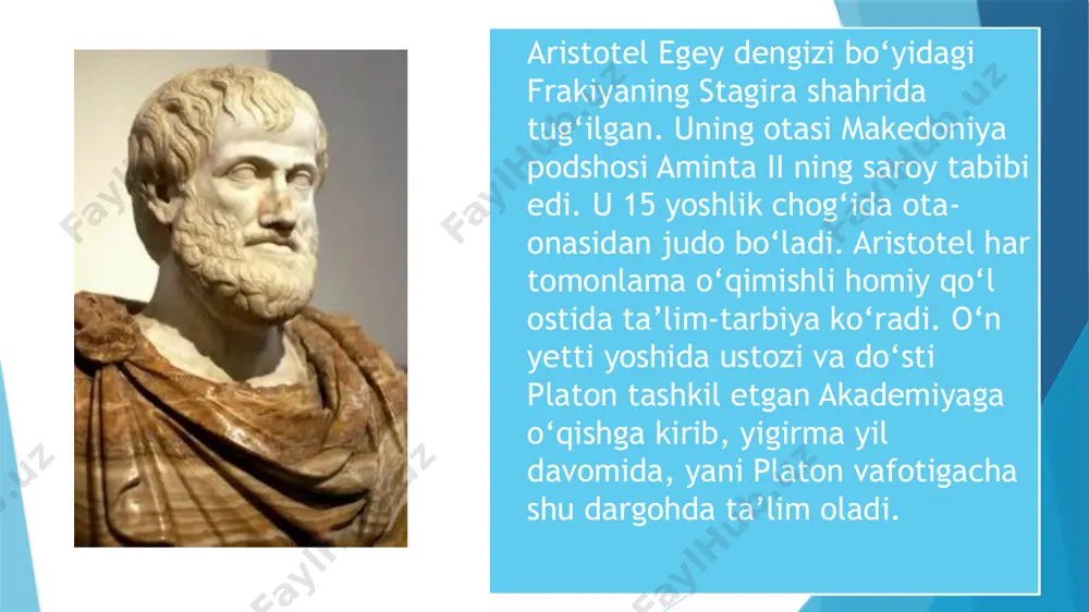 on bo’lsa-da, ba’zan ijtimoiy-genetik kelib chiqishi betayin bo’lgan ayrim fuqarolar ham kelib qolishi mumkin, deb xavotirlanadi. natijada uzoq davr mobaynida umumiy erishilgan jamiyat farovonligi ham tanazzulga yuz tutadi. xulosa xulosa qilib aristotel antik dunyo sotsiologiyasi tarixini eng mazmundor davri bo’lmish grek sotsiologiya maktabiga mantiqiy yakun yasagan. uning sotsiologik qarashlari dastlab qadimgi rimning sotsiologiya maktabi namoyondalari (tsitseron, lukretsiy, vergiliy, goratsiy, ovidiy) ga hayotbaxsh ilhom baqishladi, so’ngra esa o’rta asrlar sharqining buyuk mutafakkirlari farobiy, beruniy, ibn sino, ibn rushdlar dunyoqarashlariga o’z ta’sirini ko’rsatdi. foydalanilgan adabiyotlar 1.falsafa (qo‘llanma) e.yusupovning umumiy tahriri ostida. - t.: sharq, 1999. 3-46;63-124 betlar. 2.tulenov j., g‘ofurov z. falsafa. - t.: o‘qituvchi, 1997. 48-80 betlar 3.falsafa asoslari (q.nazarov). - t.: o‘zbekiston, 2005. 6-45. 46-63 betlar 4.falsafa. (e.yusupov). -t.: o`qituvchi, 2005. 4-37. 37-45. 79-131 betlar 5.rahimov i. falsafa. -t.: universitet, 1998. 7-35 betlar 6.osnovы filosofii (m.axmedova). -t.: mehnat, 2004. 3-9. 26-41 betlar 7.falsafa. (m. ahmedova). -t.: o`zbekiston faylasuflar milliy jamiyati …