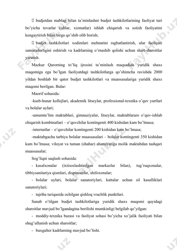 ka bazasi va faoliyat sohasi bo’yicha xo’jalik faoliyati bilan shug’ullanish uchun sharoitlar; · buxgalter kadrlarning mavjud bo’lishi. keyingi yillarda budjet amaliyotidagi o’zgarishlar, davlat budjetining g’azna ijrosi to’g’risidagi qonunning qabul qilinishi va budjet tashkilotlari xarajatlarini moliyalashtirish mexanizmining o’zgarishi munosabati bilan amaldagi 414-son qarorga 2007 yil 19 iyul 148-son vazirlar mahkamasining qarori bilan qator o’zgartirishlar kiritildi. unga muvofiq, g’azna ijrosiga o’tgan budjet mablag’lari oluvchilarning xarajatlari moliya vazirligining g’aznachiligi va uning hududiy bo’linmalari tomonidan yagona g’azna hisob raqamidan, shuningdek smetada ko’rsatilgan xarajatlar guruhlarining har bir moddasi bo’yicha hududiy g’aznachilik hisob raqamidan amalga oshiriladi. xarajatlar smetasi - byudjet tashkiloti yoki byudjet mablag’lari oluvchi tomonidan moliya yili uchun tuziladigan va tasdiqlanadigan, uning uchun nazarda tutilgan byudjetdan ajratiladigan mablag’lar xarajatlar moddalari bo’yicha aks ettiriladigan hujjat. o’zbekiston respublikasi davlat budjetidan moliyalashtiriladigan budjet tashkiloti va budjet mablag’lari oluvchilarning xarajatlar smetasi va shtat jadvallarini, daromadlar va xarajatlar smetalarini, vaqtinchalik xarajatlar smetalarini, shuningdek budjet mablag’larini taqsimlovchilarning jamlanma xarajatlar smetasi hamda …