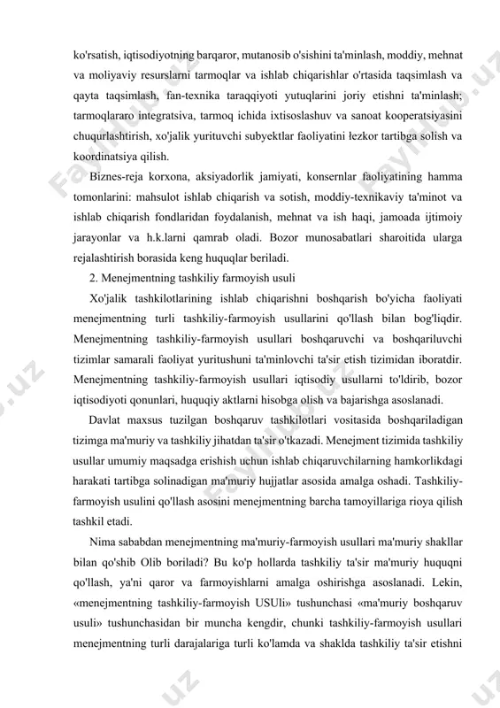b olib boriladi? bu ko'p hollarda tashkiliy ta'sir ma'muriy huquqni qo'llash, ya'ni qaror va farmoyishlarni amalga oshirishga asoslanadi. lekin, «menejmentning tashkiliy-farmoyish usuli» tushunchasi «ma'muriy boshqaruv usuli» tushunchasidan bir muncha kengdir, chunki tashkiliy-farmoyish usullari menejmentning turli darajalariga turli ko'lamda va shaklda tashkiliy ta'sir etishni o'rganish masalalarini ham qamrab oladi. tashkiliyfarmoyish usullari tashkiliy aniqlikni ta'minlaydi, tashkiliy tizim, menejmentning har bir bobg'ini vazifalarini belgilab beradi, boshqaruv apparati intizomi va faoliyati samaradorligini ta'minlaydi, ishda tartib o'rnatadi, qaror va farmoyishlarni bajaradi, kadrlarni tanlaydi, joy-joyiga qo'yadi va h.k. menejmentning tashkiliy farmoyish usullari ularning ishlab chiqaruvchilarga ta'sir etish manbalari va yo'nalishlari bo'yicha turlarga ajratiladi. bunga bog'liq qolda ta'sir etishning tashkiliy-farmoyish usullari uch guruhga bo'linadi: tashkiliy-barqarorlashtiłuvchi, farmoyish va intizom. ta'sir etishning tashkiliy-barqarorlashtirish usullarining asosiy maqsadi hamkorlikda ishlash uchun tashkiliy asos yaratishdir, ya'ni vazifa, majburiyat, javobgarlik va vakolatlarni taqsimlash, tartib o'rnatish va h.k. ma'muriy ta'sir tashkiliy shakllarining ikki: tashkiliy reglamentlash va tashkiliy me'yorlash turi mavjud. tashkiliy reglamentlash vositasida davlat …