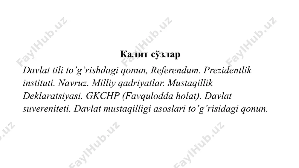 истон хдп ва ўзбекистон касаба уюшмалари федерацияси номзоди и.а.каримов ва республикадаги “эрк” демократик партиясининг вакили салой мадаминов (муҳаммад солиҳ) номзоди қўйилди. сайловлар якунига кўра, 8 миллион 514 минг 136 овоз ёки овоз беришда қатнашганларнинг 86 фоизи ислом каримов номзодини, 1 миллион 220 минг 474 сайловчи (12,3%) салой мадаминов номзодини ёқлаб овоз берди. суверенитет (фр. souverainite – олий ҳокимият) – ҳокимиятнинг устунлиги ва мустақиллиги. суверенитетнинг икки хил кўриниши фарқланади. давлат суверенитети ва халқ суверенитети. давлат суверенитети ҳозирги давлатшунослик фанида давлатнинг ички ва ташқи сиёсатидаги тўла мустақиллиги сифатида талқин этилади. халқ суверенитети халқнинг давлатни бошқаришдаги тўла ҳукмронлиги, халқ ҳокимияти, халқ бошқарувини англатади. ислом абдуғаниевич каримов биографияси давлат ва сиёсат арбоби. ўзбекитсон республикасининг биринчи президенти. 1938 йил 30 январда самарқандда туғилган. ўрта осиё политехника институти ва тошкент халқ хўжалиги институтини тугатган. 1960 йилдан «ташсельмаш» заводиди аввал мастер ёрдамчиси, сўнг мастер, технолог 1961 йилдан чкалов номидаги тошкент авиация ишлаб чиқариш бирлашмасида аввал муҳандис, сўнгра …
