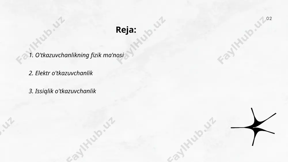 sa uni yaxshi issiqlik o'tkazgichi qiladi. alyuminiyning issiqlik o'tkazuvchanligi 237 vt/(m·k) ga teng bo'lib, u ham yaxshi o'tkazuvchanlik ko'rsatkichiga ega. aksincha, shisha va yog'och kabi materiallar issiqlikni kam o'tkazadilar, mos ravishda 0,8 vt/(m·k) va 0,04-0,12 vt/(m·k) atrofida. bu ko'rsatkichlar haroratni tarqatish va saqlashda muhim omillardan biri hisoblanadi. ... t.me/slaydai_bot 4. o'tkazuvchanlikning o'lchov birliklari o'tkazuvchanlikning o'lchov birliklari elektr o'tkazuvchanlik va issiqlik o'tkazuvchanlik kabi tushunchalarni o'lchaydi. elektr o'tkazuvchanlik uchun asosiy o'lchov birligi simens (s) bo'lib, bu v/o, ya'ni volt bo'lingan om (ohm) ga teng. biror materialning issiqlik o'tkazuvchanligi esa vatt/kilogram daraja kel'vin (w/(kg·k)) yoki vatt/metr daraja kel'vin (w/(m·k)) orqali o'lchanadi. elektr o'tkazuvchanlikning qoplanadigan kengaytmasi millisimens (ms) yoki mikrosimens (μs) sifatida ham ko'rsatiladi. texnikadagi hisob-kitoblar turli miqyoslarda o'tkazilib, ishonchli materiallar tanlashda foydalidir. ... t.me/slaydai_bot o'tkazuvchanlik qonuni elektr tokining moddalar orqali o'tkazilish qobiliyatini tavsiflaydi. bu qonun ohm qonuniga asoslanadi, ya'ni i = v/r, bu erda i - o'tayotgan tok kuchi, v - kuchlanish, r …