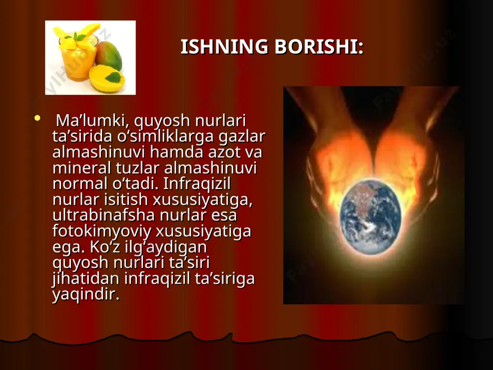 orpus ichida bo’lib, o’lchovchi asbobga rozetkali shnur yordamida birikadi,bu o’z navbatida birikish polyarligi to’g’ri bo’lishini ta‘minlaydi /mabodo teskari ulansa asbob ko’rsatmaydi/. har bir shkalada nuqtalar bilan o’lchov diapazonining boshlanishi ko’rsalgan; 0-100 shkalasida bu nuqta 20 belgisining, 0-30 shkalasida esa 5 belgisining ustida joylashgan asbob strelkaning nol holatiga keltirish imkonini beruvchi korrektorga ega. selenli fotoelementining asbobga ulash joyi korpusning yondevorida joylashgan. fotoelement plasmassadan yasalgan korpus ichida bo’lib, o’lchovchi asbobga rozetkali shnur yordamida birikadi,bu o’z navbatida birikish polyarligi to’g’ri bo’lishini ta‘minlaydi /mabodo teskari ulansa asbob ko’rsatmaydi/. asbobning xatosinika kamaytirish maqsadida, fotoelement, yorug’lik tarqatuvchi oq , plastmassadan ishlangan yarim sfera shaklidagi qoplama va shaffof bo’lmagan plstmassa xalqa bilan ta‘minlangan “k” harfi bilan belgilangan qoplama alohida qo’llanmay, “m”, “r”, “t” harflari bilan belgilangan qoplamalardan biri bilan birgalikda qo’llanadi. bu uch qoplamadan har biri “k” qoplamasi bilan birga uchta yorug’lik yutuvchi hosil qiladi. bundan maqsad, asbobning o’lchash diapozonini mos ravishda 10, 100, 1000 marta oshirishdir. …