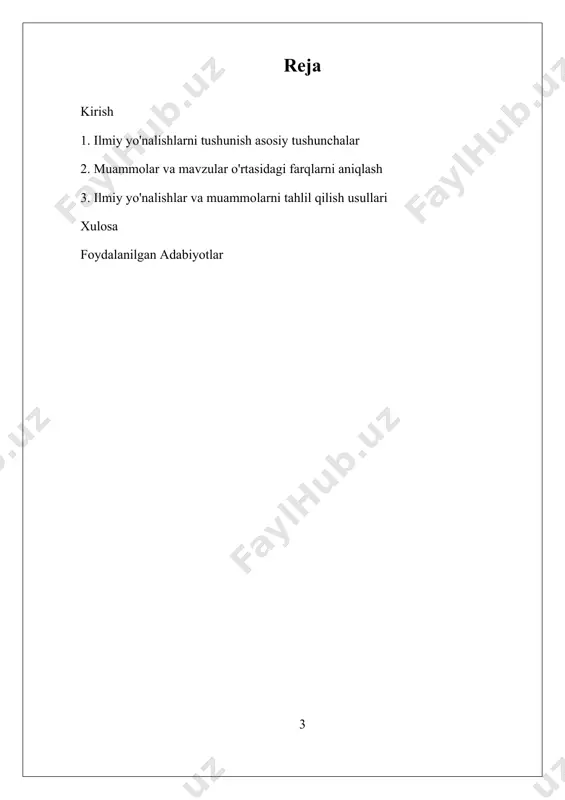 'ladi. mavzu, odatda, muammo va uning yechimini qamrab oladigan kengroq fikr yoki nazariy yo'nalish sifatida qaraladi. misol uchun, biologiyada "odam organizmidagi immunitet tizimini rivojlantirish" mavzusi, bu sohadagi muammolarni hal etish uchun muhim yo'nalishni belgilab beradi. ilmiy yo'nalishlar, muammolar va mavzular o'rtasidagi farqlarni aniqlash, izlanishning to'g'ri yo'nalishini belgilash va muammoni aniqroq tushunish uchun juda muhimdir. bu farqlar yordamida ilmiy ishning maqsadi, yo'nalishi va metodologiyasi aniq belgilab olinadi. ilmiy yo'nalishlar keng va umumiy bo'lib, ilmiy soha yoki fan doirasida kelajakdagi izlanishlar uchun asos bo'ladi. muammo esa, aynan muayyan muhitda yuzaga keladigan, hal qilishga muhtoj bo'lgan muhim savol yoki muammo sifatida, izlanishning konkret yo'nalishini aniqlaydi. mavzu esa, bu muammo yoki muayyan soha bo'yicha olib boriladigan ilmiy ish uchun umumiy yo'nalishni belgilab, muammoning yechimi uchun asos bo'lgan kengroq fikrni ifodalaydi. shu bilan birga, ilmiy yo'nalishlarni tushunish va ularni aniq belgilash, ilmiy izlanishlarda muvaffaqiyatga erishish uchun zarurdir. to'g'ri yo'nalishni tanlash orqali muammoni aniqlash va uning …