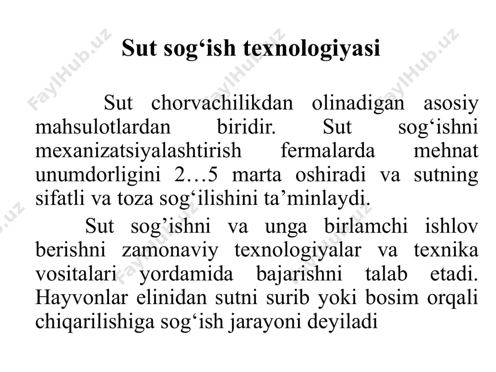 omuxta em beriladi. sut sog‘ish qurilmalarining sinflanishi sut sog‘ish qurilmalarining texnik tavsifnomalari ko‘rsatkichlar sut sog‘ish qurilmalari ad-100a das-2b adm-8/12 udt-8 ude-8a uds-3m soatlik unumdorligi, bosh sigir 60 75 100 80 85 70 qurilmada ishlaydigan sut sog‘uvchilar soni 4 4 4 2-3 2-3 3 sut sog‘ish apparatlari, soni 8 8 8/12 8 8 8 bitta sut sog‘uvchining soatlik unumdorligi, bosh/soat 14-16 14-16 26-29 26-29 30-40 15-25 elektr dvigatellari quvvati, kvt 3 3 5,1 6,2 8,25 3 elektr suv kizdirgichlar quvvati, kvt - - 5,6 13,75 13,75 - ichki yonuv dvigateli quvvati, o.k. - - - - - 6,1 takrorlash uchun savollar 1.da-2m «mayga» sut sog‘ish apparatini tushintiring. 2.da-3 «volga sut sog‘ish apparatini tushintiring 3.adu-1 sut sog‘ish apparatini tushintiring 4. sut sog‘ish chelagining vazifasini tushintiring 5.pulsatorni tushintiring 6.sut shlangi qisgichini tushintiring image1.png image2.png /docprops/thumbnail.jpeg