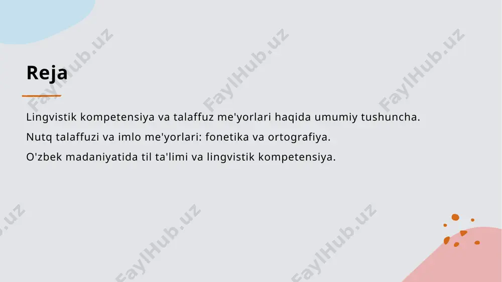 s kelishini ta'minlaydi. lingvistik kompetensiya: tilni o'rganish metodlari. 1 metodlar turlari lingvistik kompetensiya uchun asosiy til o'rganish metodlariga kommunikativ, grammatik va audiolingvistik yondashuvlar kiradi. ular turli o'quv jarayonlarida qo'llaniladi. 2 kommunikativ yondashuv bu yondashuvda ona tilida muloqot qilish imkoniyatlari yaratiladi. talabalar o'zaro suhbat orqali tilni amalda o'rganadilar va qo'llanadilar. 3 audiolingvistik usul ushbu usulda tinglash va talaffuz muhim ahamiyatga ega. talabalar matnlarni tinglab, talaffuz mashg'ulotlari orqali tilni rivojlantiradilar. talaffuz va imlo: zamonaviy lingvistikaning roli. 01 zamonaviy fonetika zamonaviy fonetika nutq tovushlarining fizik va akustik xususiyatlarini o'rganadi. u talaffuzni takomillashtirishda muhim ahamiyatga ega. 02 ortografiya nazariyasi ortografiya nazariyasi yozuv tizimlarini va ularning qoidalarini tahlil qiladi. u to'g'ri imlo va yozuv madaniyatini shakllantirishda yordam beradi. 03 tilshunoslik rivoji tilshunoslikning rivoji talaffuz va imlo nazariyalarini yangilashga yordam beradi. u zamonaviy ta'lim jarayonida innovatsiyalarni keltirib chiqaradi. 04 madaniy ta'sirlar madaniy ta'sirlar talaffuz va imlo me'yorlariga ta'sir qiladi. bunday ta'sirlar tilning rivojlanishiga va uning qo'llanilishiga …