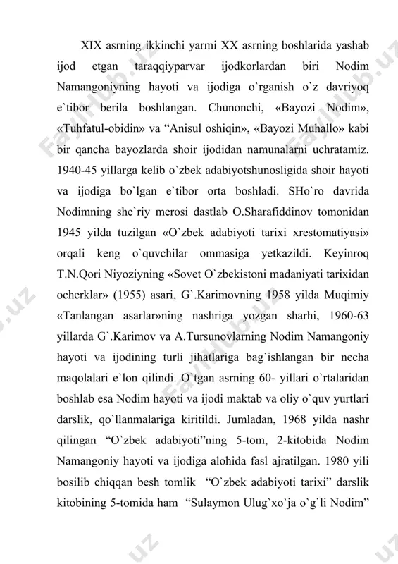 a to`g`ri keldi. o`rta osiyo rossiyaga qo`shib olinishi, mustamlaka sharoitida oddiy xalqning ezilgan hayoti yosh nodimning onggiga ta`sir qildi, chunki bu vaqtda u hayotdagi voqealarni aql bilan idrok qila oladigan yoshda edi. nodimning hayoti va ijodiy faoliyatida qo`qon adabiy muhitining katta ahamiyati bor, chunki u yerdagi adabiy hayot qalbi qaynoq shoirni muqimiy, furqat, zavqiylar bilan bog`ladi. ayniqsa, nodimning muqimiyga bo`lgan muhabbati ayricha edi. ayni paytda muqimiy ham nodimga qattiq mehr qo`ygan edi. muqimiy qachon namanganga borsa, albatta nodimlarning xonadonida mehmon bo`lar, bu yerdagi adabiy kechalarda ishtirok etar edi (bu haqda muqimiy jiyani ro`zimuhammadga yo`llagan maktublarida ham yozgan). muqimiy va nodim o`rtasidagi do`stlikni dalillovchi muhim hujjatlar ularning bir-birlariga yozgan maktublaridir. shoirning o`zaro yaqinligini maktublarning mazmuni va ruhidan ham sezish mumkin. muqimiyning nodimga yo`llagan maktublari hozir qo`qondagi muzeyda saqlanmoqdi. 1888 yilda muqimiy nodimga toshkentdan kattagina she`riy maktub – «javobi ruq`ai nodim namangoniy»ni yo`llaydi. muqimiy maktublaridan birida do`stini «ma`danis sidqu vas-safo» (to`g`rilik va …