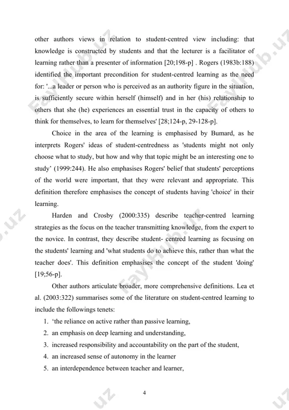 tudent-centred learning to include the followings tenets: 1. ‘the reliance on active rather than passive learning, 2. an emphasis on deep learning and understanding, 3. increased responsibility and accountability on the part of the student, 4. an increased sense of autonomy in the learner 5. an interdependence between teacher and learner, 6. mutual respect within the learner teacher relationship, 7. and a reflexive approach to the teaching and learning process on the part of both teacher and learner.’ gibbs (1995) draws on similar concepts when he describes student-centred courses as those that emphasise: learner activity rather than passivity; students' experience on the course outside the institution and prior to the course; process and competence, rather than content; where the key decisions about learning are made by the student through negotiation with the teacher. gibbs elaborates in more detail on these key decisions to include: ‘what is to be learnt, how …