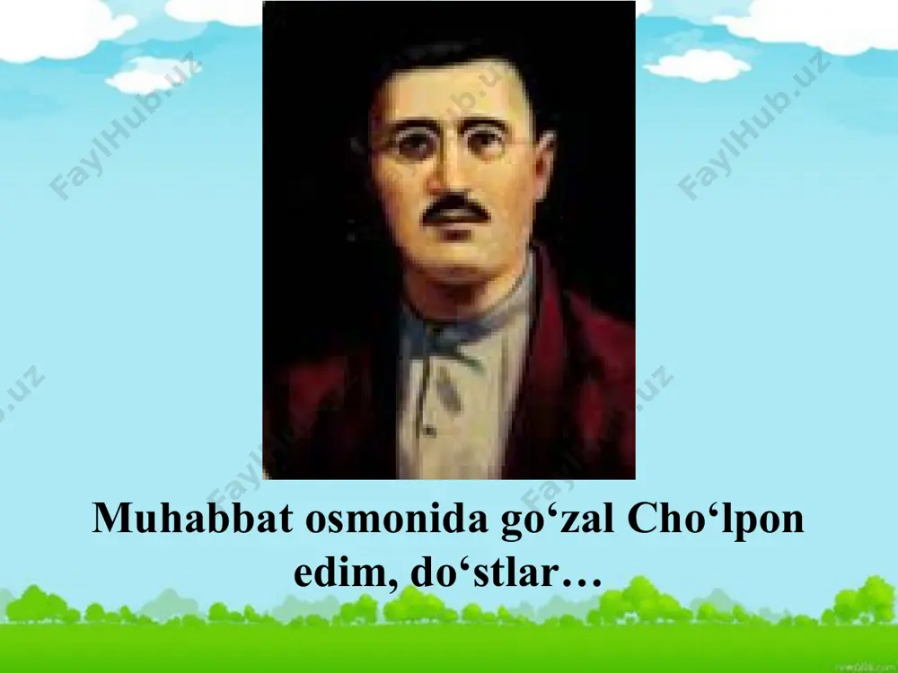 arjimon (moskva); 1935-37 - «mushtum» va «guliston» jurnallari hamda «teatru» gazetasida adabiy xodim (jamoatchilik asosida). asarlari she'riy to'plamlari: “uyg'onish” (1922); “buloqlar” (1923); “o'zbek yosh shoirlari” (1923); “go'zal yozg'ichlar” (1925); “adabiyot parchalari” (1926) ; “tong sirlari” (1926); “soz” (1935); “jo`r” - oxirgi to’plami, nashr etilmay qolgan. “yana oldim sozimni” (1991). diqqat, bilib oling! barmoq vazni cho`lpon va fitratning ijodiy izlanishlari bilan xx asrning 20-yillari boshlaridayoq yangi o‘zbek she’riyatining asosiy vazniga aylandi. pyesalari 1928-yil - “o’rtoq qarshiboyev”; 1921-yil - “yorqinoy”; 1921-yil – “o‘ldiruvchi”; 1922-yil - «sevgi va saltanat» ; 1922-yil – “cho‘pon sevgisi”; 1928-yil - “hujum” (rus yozuvchisi v.yan bilan); 1921-yil - “halil farang”; 1926-yil - “cho`rining isyoni”; “qorovul uyqusi”; “yana uylanaman“; “uzunquloq bobo" “mushtumzo'r“… ocherk va hikoyalari ocherklari: “yo‘l esdaligi”; “vayronalar orasidan” ocherklari… hikoyalar: “oydin kechalarda”; “qor qo'ynida lola“; “novvoy qiz”; “oq podshoning in’omi”; “gavharoy”… tarjimachilik k.gotssi, «malikai turondot»; n.v.gogol - «tergovchi»; bill belotserkovskiy «labbay», «po‘rtana»; moler - «xasis»; k.goldon - …