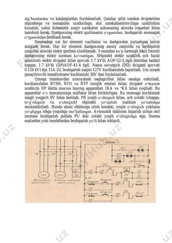 16-17 shpindel va val 4 ga beriladi. mexanizmni xarakatlantiruvchi xarakatini el. dvigatel yordamida amalga oshiriladi. uzatuvchilar 18-19 va 20-21 val 8 ga keyin g`ildiraklar orqali 22-23,24-25 va26-27 aylanish val 9 a uzatiladi. tishli g`ildiraklar 27-28,29-30 yoki 31-32 orqali val 10 ga uzatiladi. val 10 dan val 11ga bir juft g`ildirak 33-34 yoki 35-36,37-38 va 33-34 orqali uzatiladi. mufta val 11 ni tez almashtirisha xizmat qiladi. stolni uzatish vintli mexanizm yordamida amalga oshiriladi: juft boʻylab 54-55, kesim boʻyicha 56-57, tik. val 11 ni xarakat vinti 54 bilan boʻyli tsep biriktiradi. ishga qoʻyish va ishdan toʻxtatish uchun muftalar 62,65 va 70 xizmat qiladi. laboratoriya qurilmasining tavsifi frezer dastgoxining aloxida elementlarni tuzilishi va vazifalari bilan tanishish uchun shu dastgoxdan yoki uning pasportidan, plakatlardan, alg’bomlardan va kataloglardan foydalaniladi. qanday qilib xarakat dvigateldan shpindelga va mexanizm uzatkichiga, stol xarakatlantiruvchiga uzatilishini kuzatish, yahni kinematik zanjir xarakatini uskunaning aloxida organlari bilan tanishish kerak. dastgoxning elektr qurilmasini oʻrganishni, …