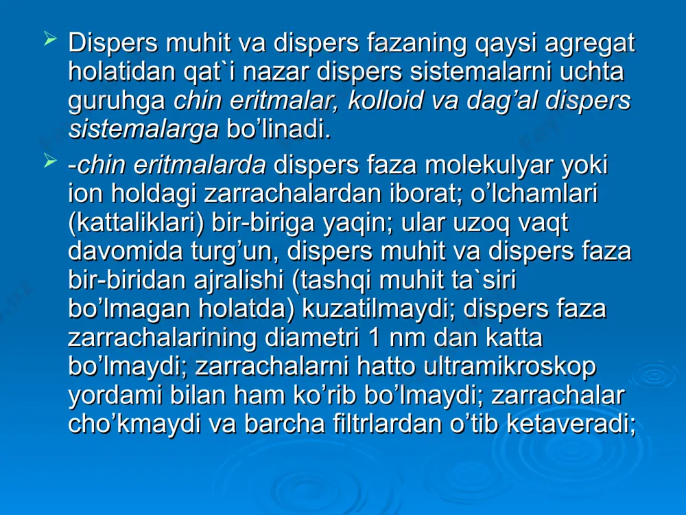 deyiladi. to’yingan bug’ning idish devorlariga bosimi ayni moddaning to’yingan bug’ bosimi deyiladi. har qaysi suyuqlikning o’ziga xos to’yingan bug’ bosimi bo’ladi. frantcuz fizigi raul (1887 y.) eritma to’yingan bug’ bosimini o’rganib, o’zining qonunini kashf etdi. elektrolitmas moddalarning suyultirilgan eritmalarida o’zgarmas temperaturada bug’ bosimining nisbiy pasayishi ma`lum miqdordagi erituvchida erigan moddaning massasiga to’g’ri proporsional bo’lib, modda tabiatiga bog’liq emas. (raulning birinchi (tonometrik) qonuni). eritma to’yingan bug’ bosimining nisbiy pasayishi eritmada erigan moddaning molyar qismiga to’g’ri proporsionaldir eritmalarning muzlash va qaynash haroratlari. suyuqlik to’yingan bug’ining bosimi tashqi bosim bosimga teng bo’lgan temperaturada qaynaydi. barcha toza moddalarning o’ziga xos aniq ma`lum qaynash va muzlash temperaturalari bo’ladi. masalan, toza suv normal atmosfera bosimida 00 muzlaydi va 1000 qaynaydi; benzol 5,50 da muzlaydi va 80,10 da qaynaydi va hokazo. eritmalarning qaynash temperaturasi erituvchining qaynash temperaturasidan doimo yuqori bo’ladi. raulning ikkinchi qonuniga muvofiq t ning qiymati erigan moddaning molyal kontsentratsiyasiga to’g’ri proporsionaldir: tq = e·cm bu …