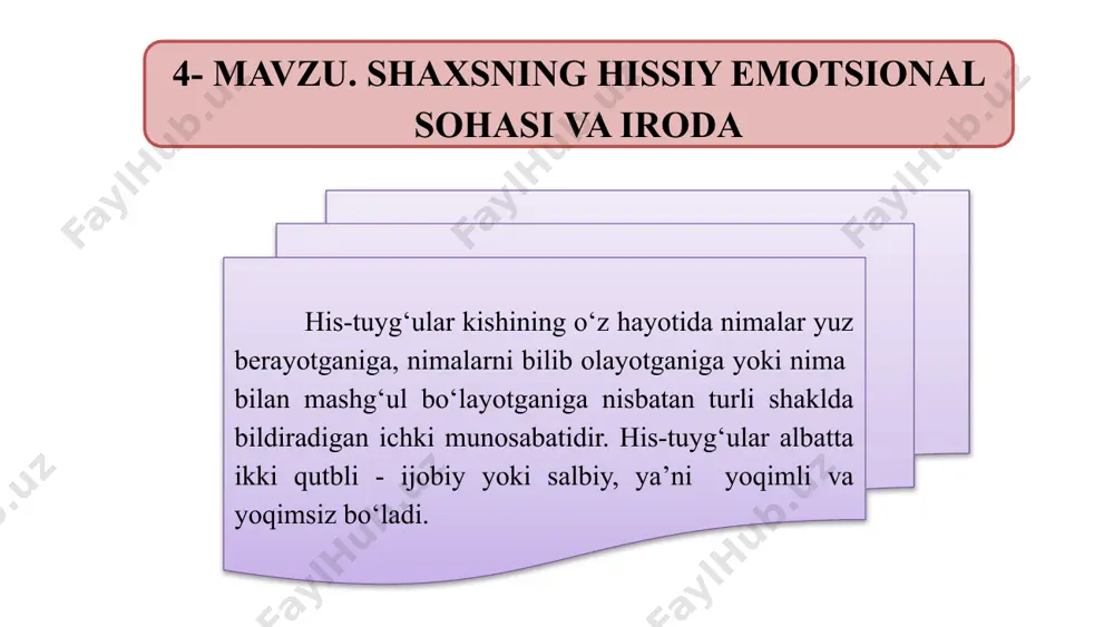 ng psixogigeyenasi pedagogik jamoadagi zо‘riqishlar va nizolar, jamoa tomonidan qо‘llab-quvvatlanishning yо‘qligi pedagoglarning о‘z ustida ishlashiga sharoit yaratilmagan va ta’lim novatsiyalarini joriy etish muhitining yо‘qligi, faoliyatdagi bir xillik pedagogik jamoa tomonidan yetarlicha e’tibor berilmasligi va tan olinmaslik ta’limiy vositalarning tanqisligi tufayli zо‘riqish pedagog faoliyatining psixogigeyenasi pedagoglardagi pedagogik faoliyat modelining real holati va idealdagi holatidagi tafovutlarning borligi kasbiy karyeraning va istiqbolning yо‘qligi о‘quvchilarning motivatsiyalashmaganligi natijasida kelajakni “kо‘ra bilmaslik” pedagogning shaxsiy nizolari va notо‘liqlik hissi his-tuyg‘ularni boshdan kechirishning turli shakllari - emotsiya, affekt, kayfiyat, kuchli xayajonlanish /stress/, ehtiros kо‘rinishlariga ega bо‘ladi. his-tuyg‘ular shaxsning emotsional soxasini tashkil etadi kishida his-tuyg‘ular uning extiyojlari qondirilishi jarayoni qanday kechayotganligi belgisi sifatida namoyon bо‘ladi hissiy toliqish sindromi va uni omillarini nazariy metodolik asoslari this is a sample text. insert your desired text here. this is a sample text. hissiy toliqish sindromi stress – kuchli hissiy zо‘riqishdan iborat jarayon hissiy zо‘riqish xavf-xatar tug‘ilgan, kishi xafa bо‘lgan, uyalgan, tahlika ostida …