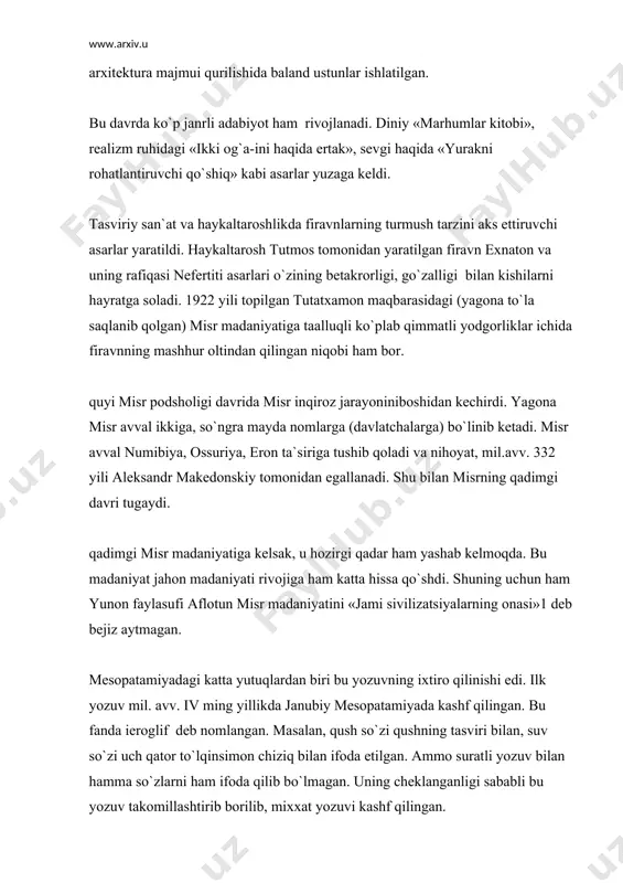 bo`lmagan. uning cheklanganligi sababli bu yozuv takomillashtirib borilib, mixxat yozuvi kashf qilingan. qadimdan mesopatamiya mirzolari adabiy, tarixiy asarlarni sopol, teri, loy lavhalarga yozib, o`ziga xos kitoblar yaratganlar va kutubxonalarni tashkil qilganlar. shumerda badiiy adabiyot rivoji yuqori darajaga ko`tarilgan. noyob asarlar jumlasiga «dehqonchilik alьmanaxi», «gilьgamesh haqida doston» bo`lib, unda gilьgamesh va enkidularning do`stligi, qahramonliklari va sarguzashtlari haqida hikoya qilinadi. qadimgi davrning eng cho`qqiga chiqqan vaqti podsho xammurapi (1750-1732 yy) hukmronlik qilgan yillarga to`g`ri keladi. xammurapi yirik davlat tuzib, bu davlatni o`zi tuzgan qonunlar asosida boshqargan. xammurapi to`plami mixxat yozuvida bazalьt tosh ustuni sathida bitilgan. qonunlar to`plami 282 moddadan iborat bo`lib, u kirish, qonunlar va xulosadan iborat. kirish qismida qonunlarni chiqarishdan asosiy maqsad mamlakatda adolat o`rnatishdan iborat, deb ko`rsatilgan. unda podsho ulug`lanib, ko`klarga ko`tarilgan. qonunlarda xususiy mulk himoya qilingan. jumladan: agar kimki ibodatxonaning yoki podshoning mulkini o`g`irlasa, u o`ldirilishi lozim; o`g`irlik molni olgan kishi ham o`ldirilishi kerak… xammurapi qonunlari o`z davrining muhim …